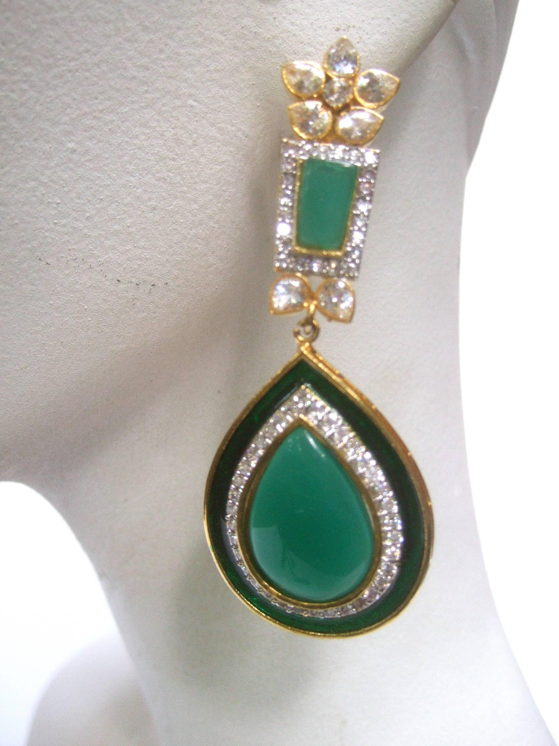 Exquisite Emerald Green Poured Glass Tear Drop Crystal Earrings  6