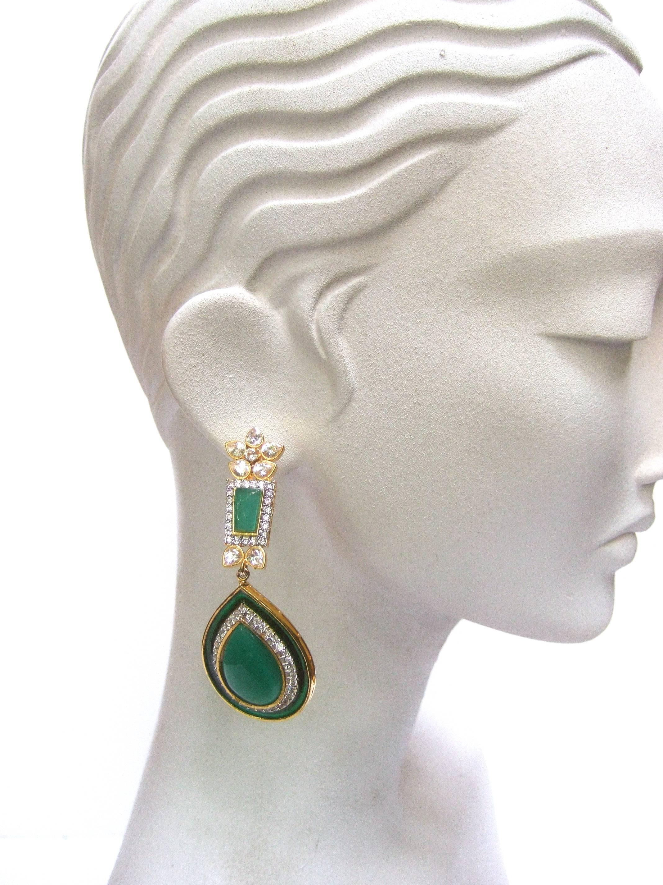 Exquisite Emerald Green Poured Glass Tear Drop Crystal Earrings  In Excellent Condition In University City, MO