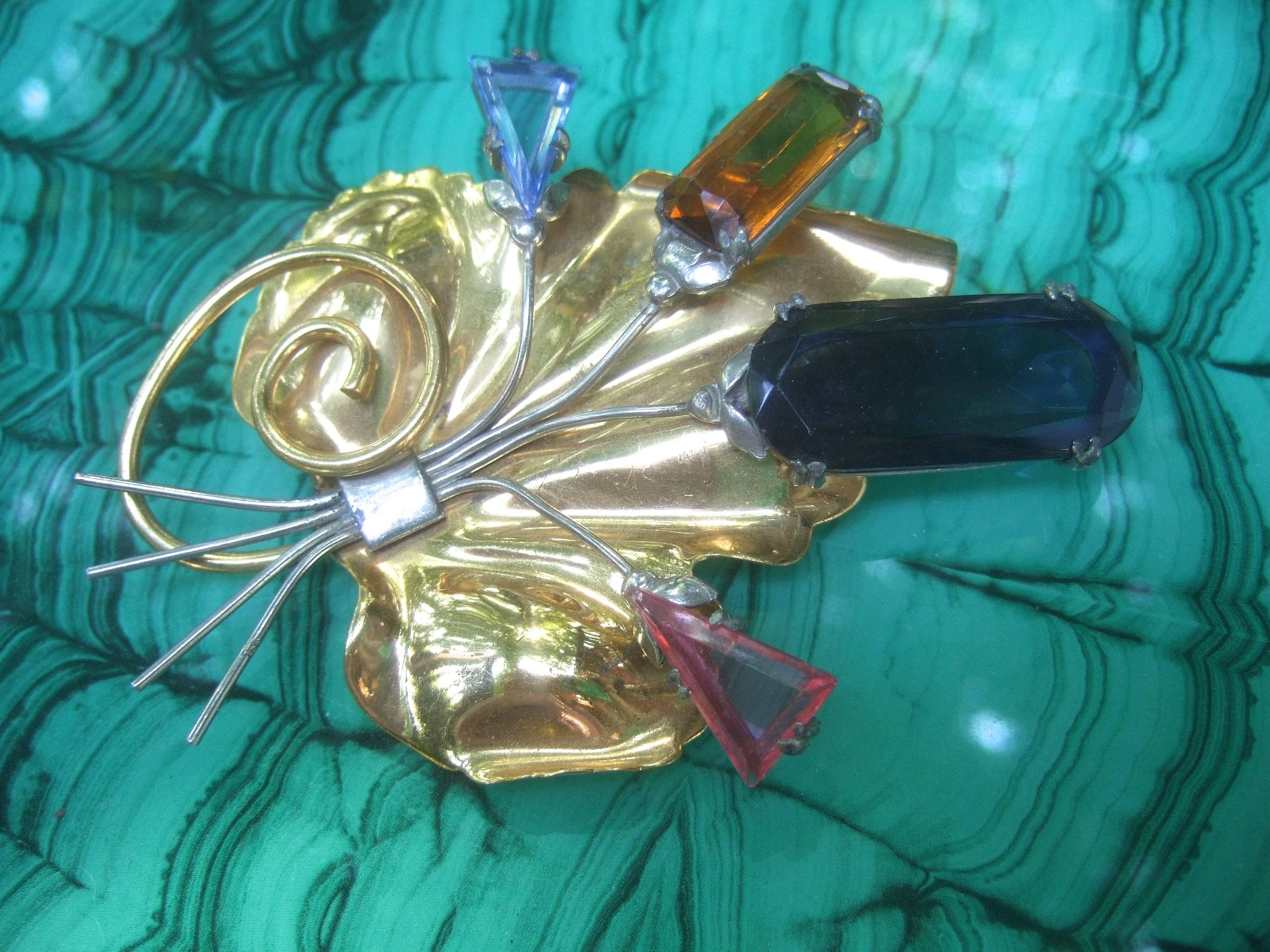 Women's 1940s Massive Crystal Gilt Metal Art Deco Flower Spray Brooch For Sale
