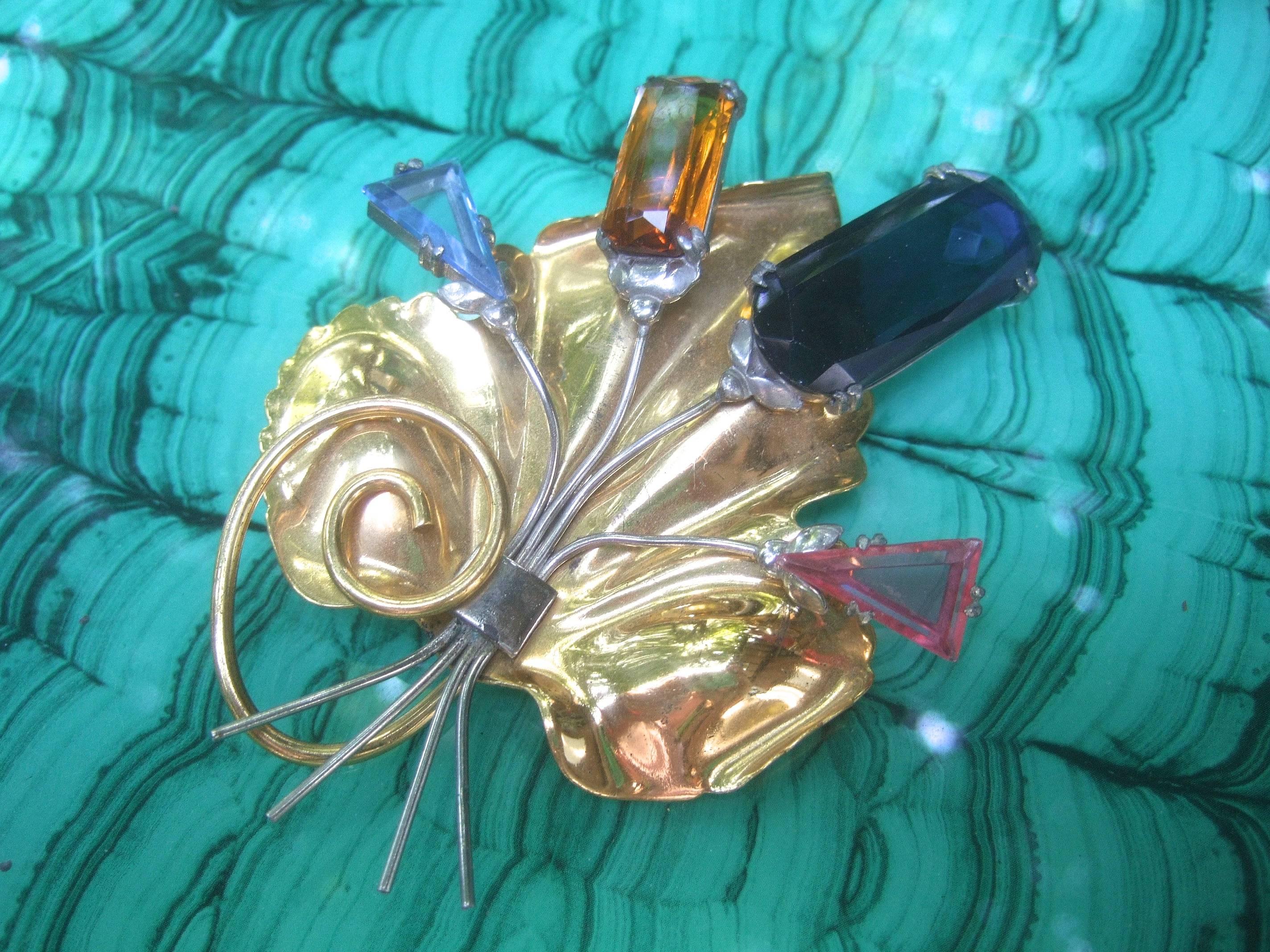 1940s Massive Crystal Gilt Metal Art Deco Flower Spray Brooch  In Excellent Condition For Sale In University City, MO