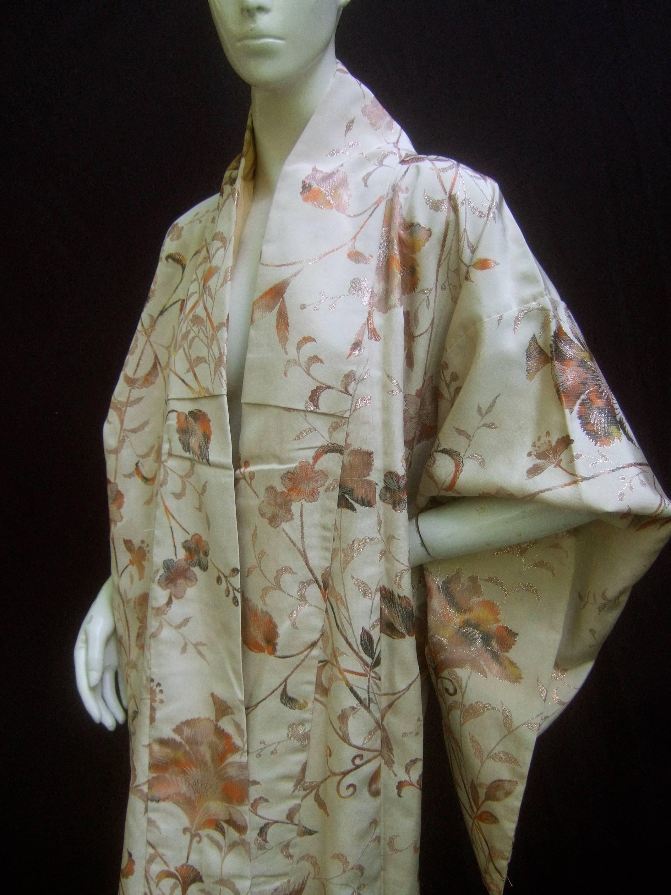 Brown Exotic Japanese Floral Brocade Kimono c 1970s
