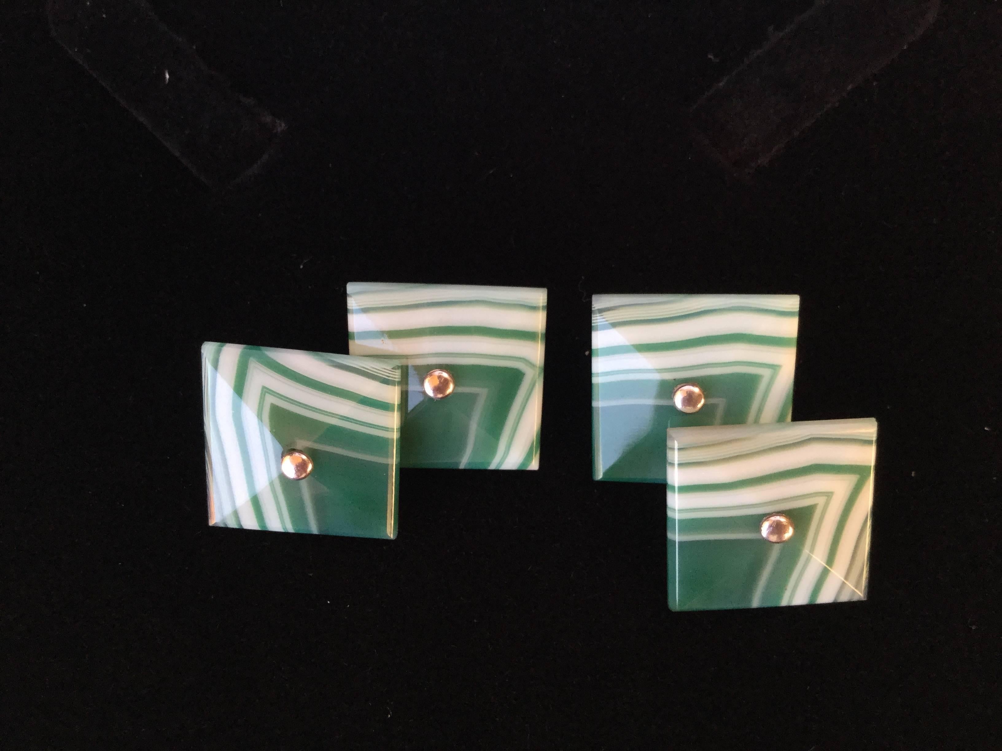 Exquisite pair of green banded agate and sterling silver Art Deco cufflinks. Highly polished to a satiny smooth finish. Lovely natural stripes in the stones. Cut to be slightly domed. Excellent Condition. French. 1930's. Unsigned but test as