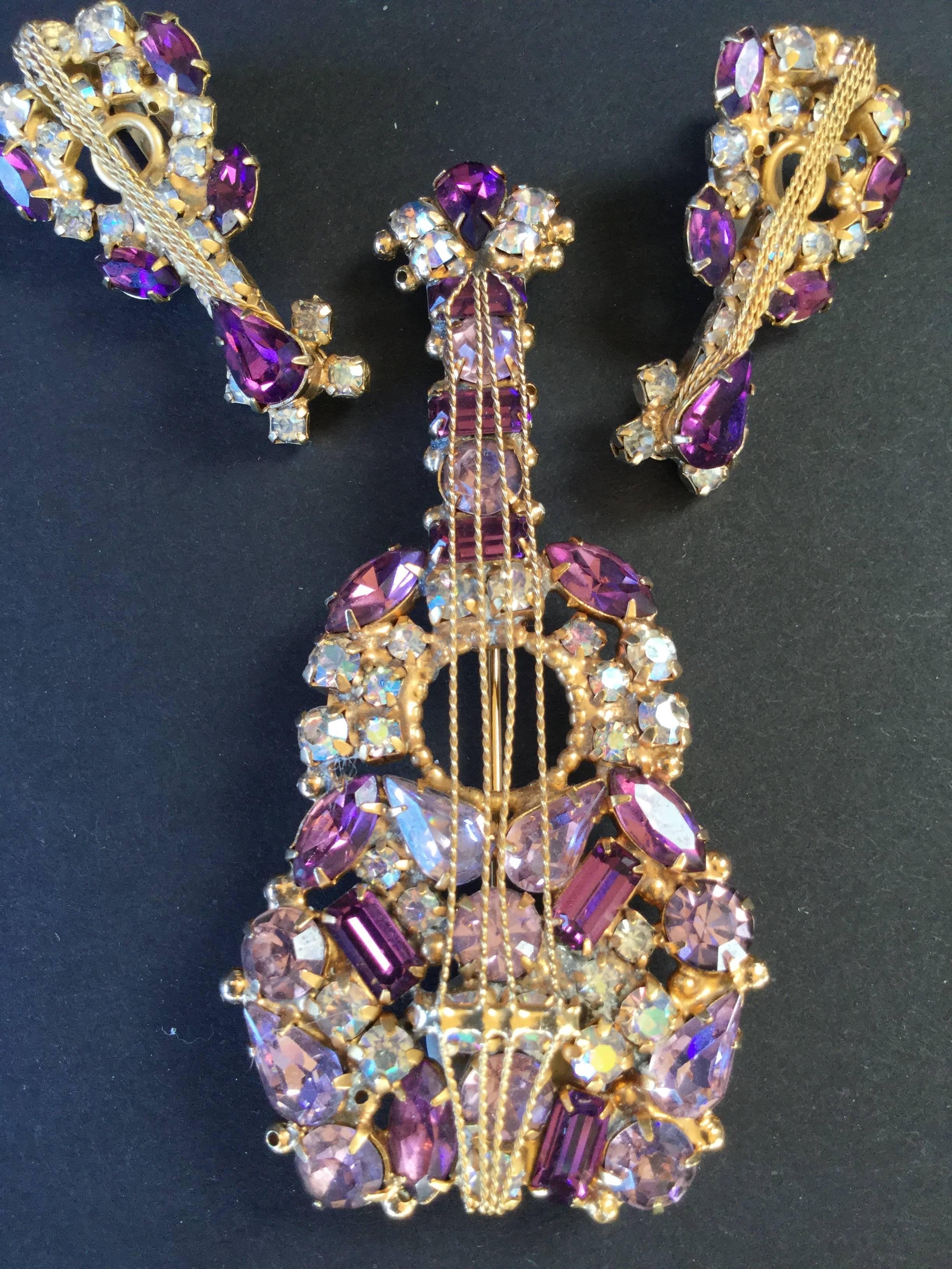 Rare, Original by Robert, guitar or cello brooch and earring set. These come from a limited edition series of musical instruments including harps, guitars, cellos, and banjos which Robert Levy designed and produced from 1945 to the early 1950's for
