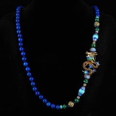 Chinese Gilded Silver Dragon Necklace with Lapis Beads. 1980's.