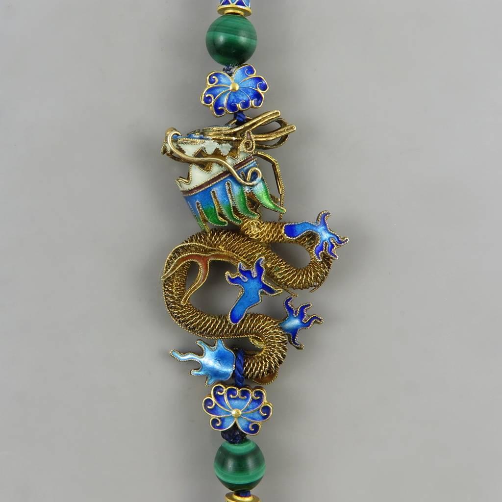 Anglo-Indian Chinese Gilded Silver Dragon Necklace with Lapis Beads. 1980's. 