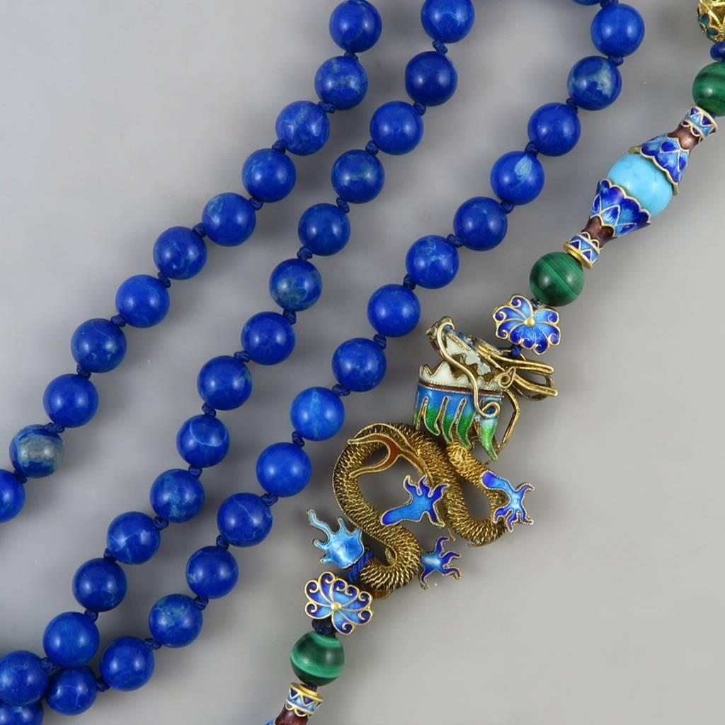 Chinese Gilded Silver Dragon Necklace with Lapis Beads. 1980's.  In Excellent Condition In University City, MO