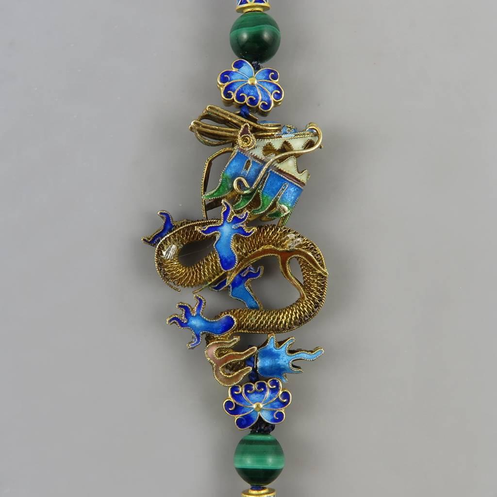 Chinese Gilded Silver Dragon Necklace with Lapis Beads. 1980's.  1