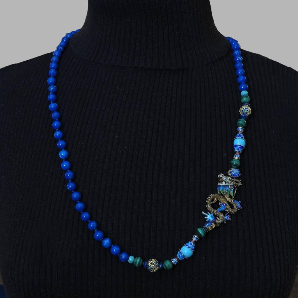 Chinese Gilded Silver Dragon Necklace with Lapis Beads. 1980's.  2