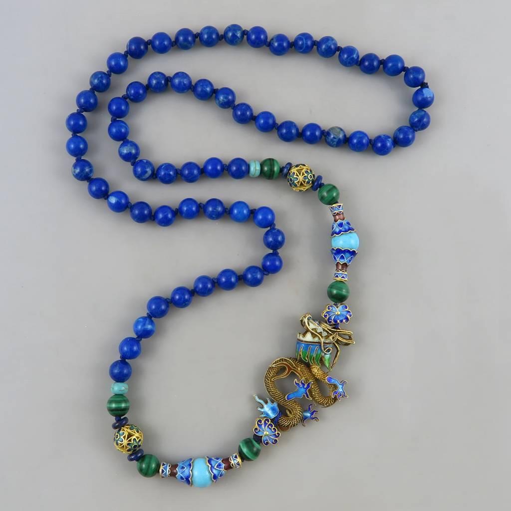Chinese Gilded Silver Dragon Necklace with Lapis Beads. 1980's.  3