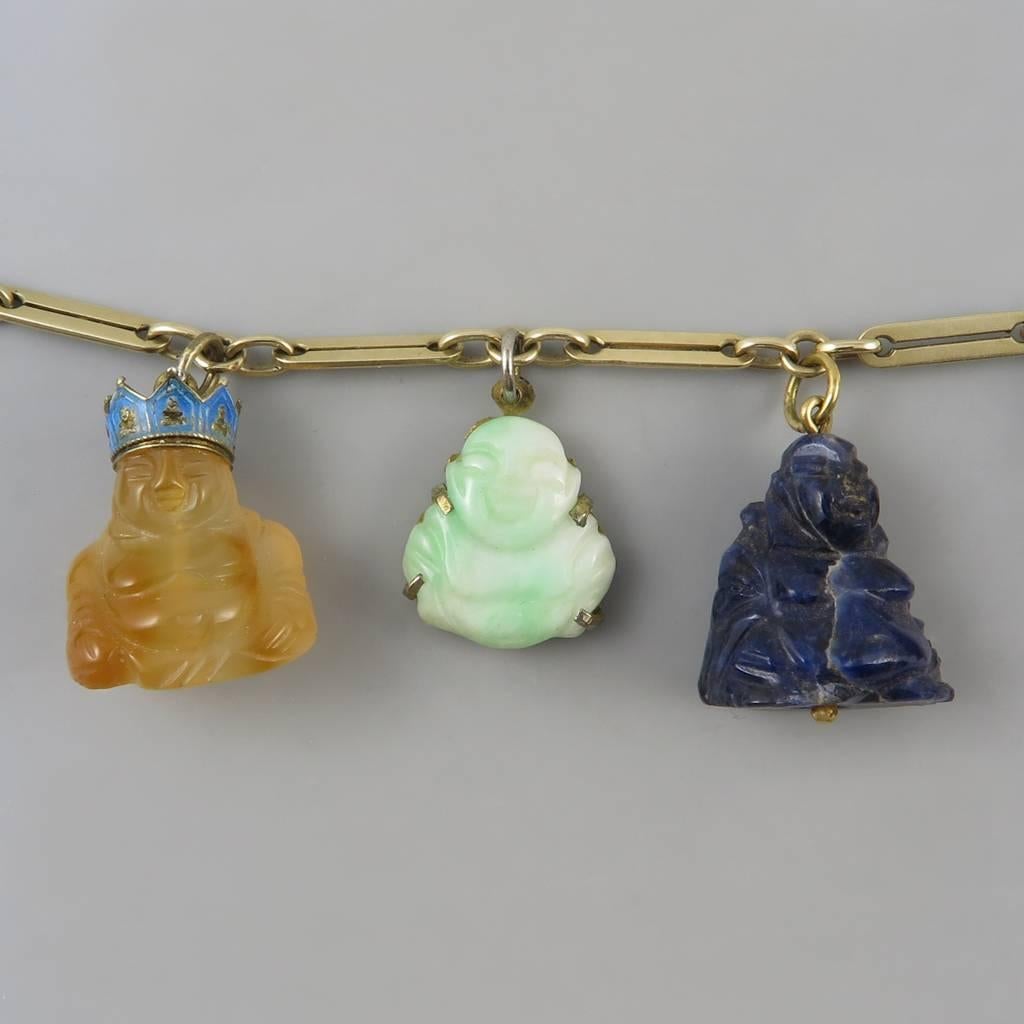 Fabulous Charm Bracelet of Carved Gemstone Buddhas. 1960's. 2