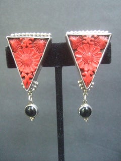 Exotic Carved Coral & Jet Sterling Artisan Earrings