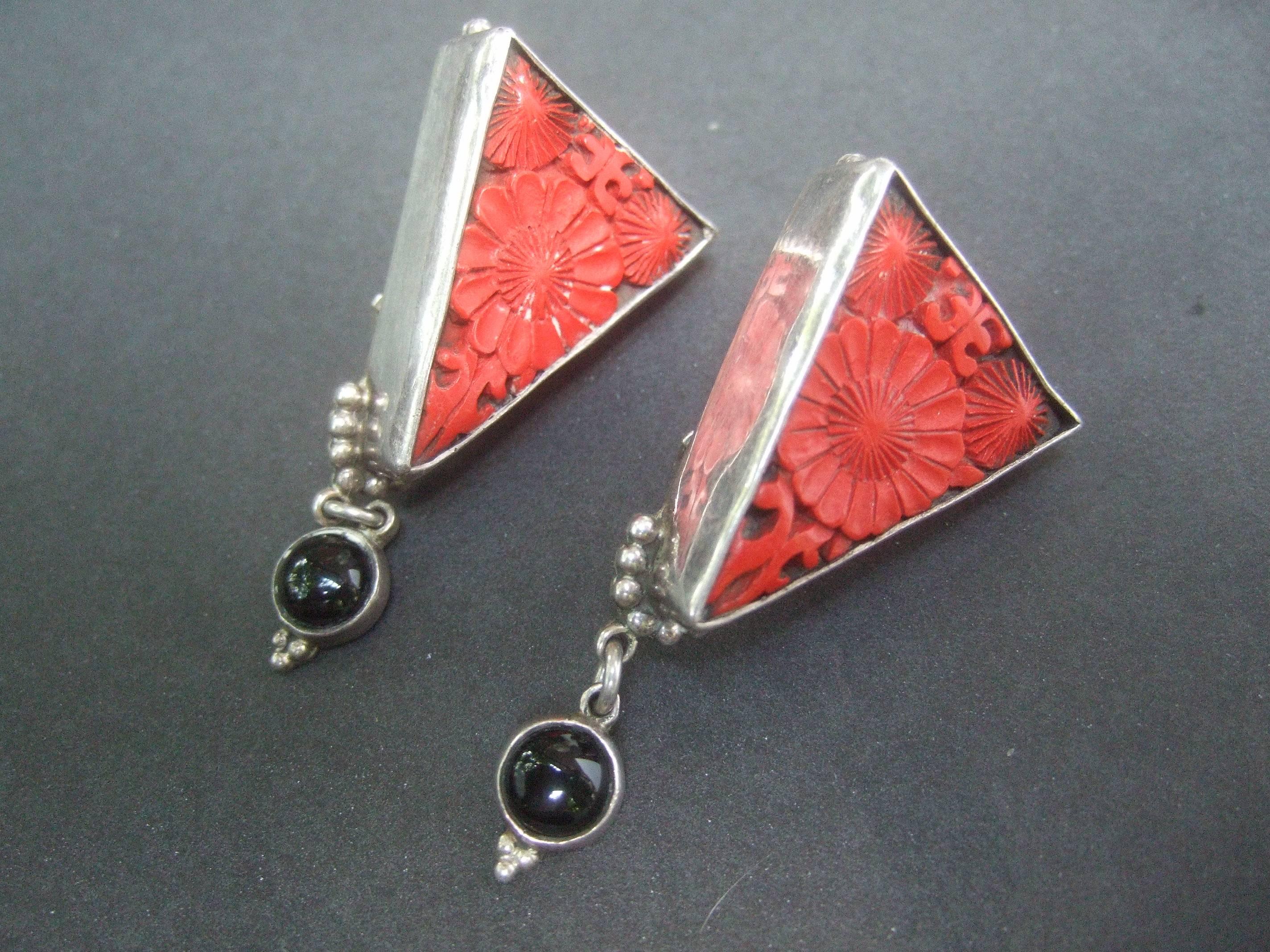 Exotic Carved Coral & Jet Sterling Artisan Earrings  For Sale 1