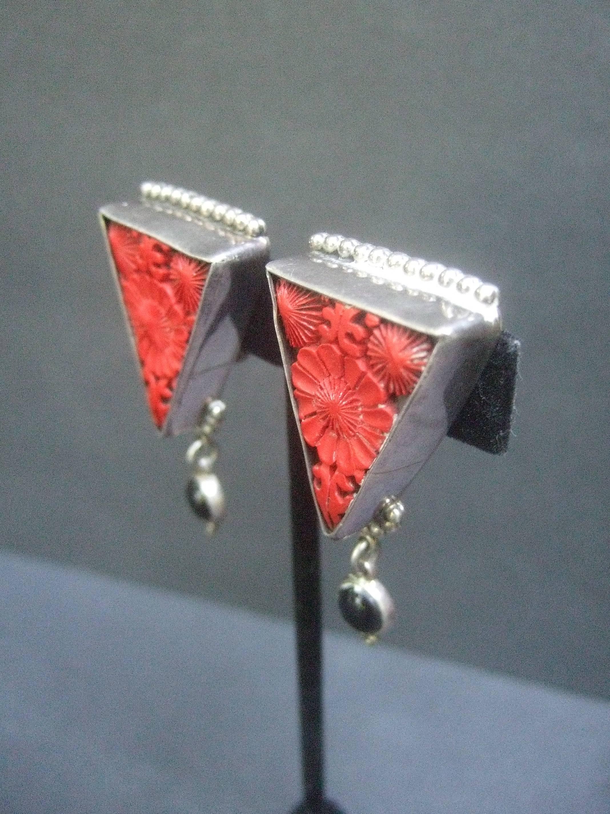 Exotic Carved Coral & Jet Sterling Artisan Earrings  For Sale 2