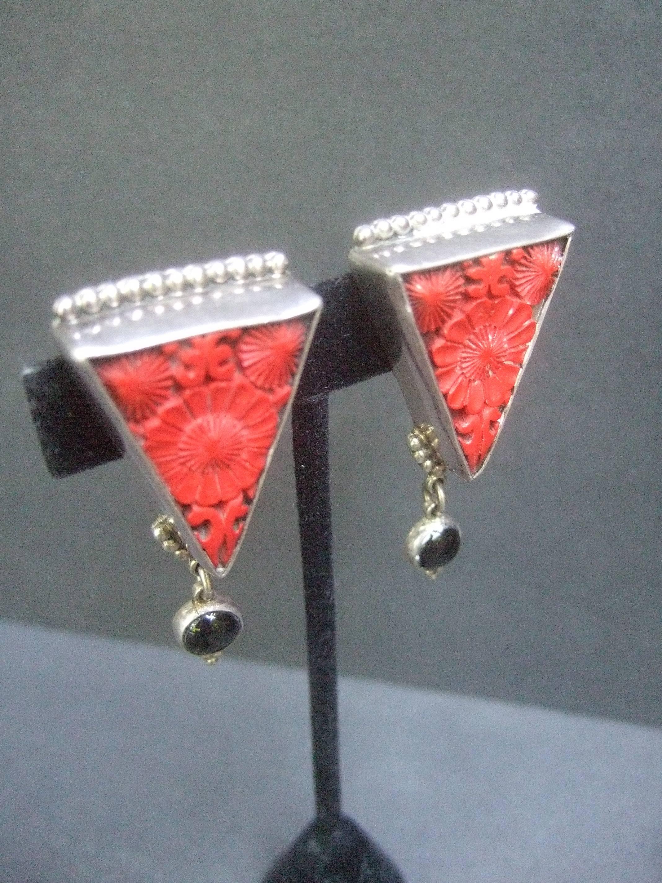 Women's Exotic Carved Coral & Jet Sterling Artisan Earrings  For Sale