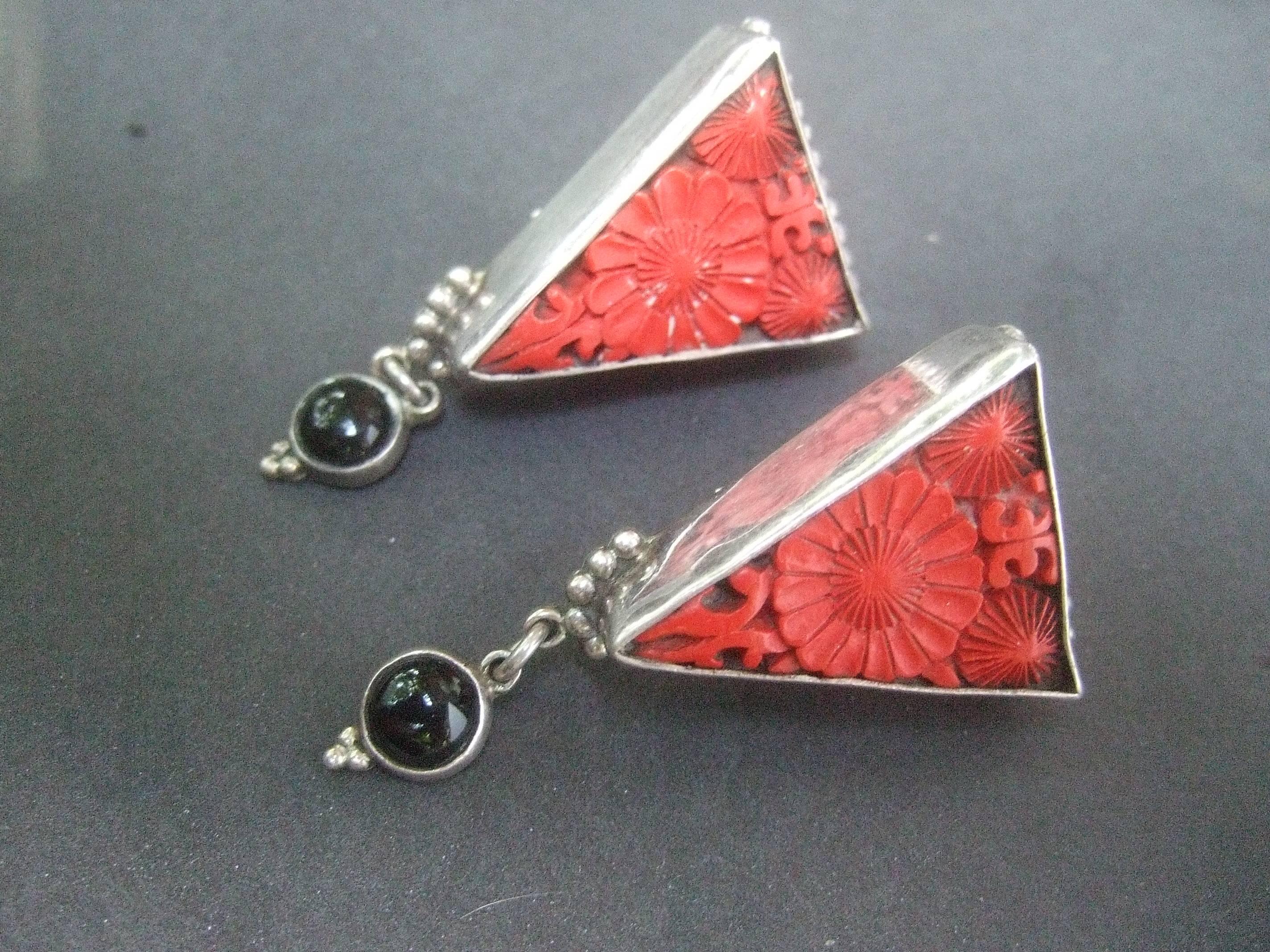 Exotic Carved Coral & Jet Sterling Artisan Earrings For Sale 3