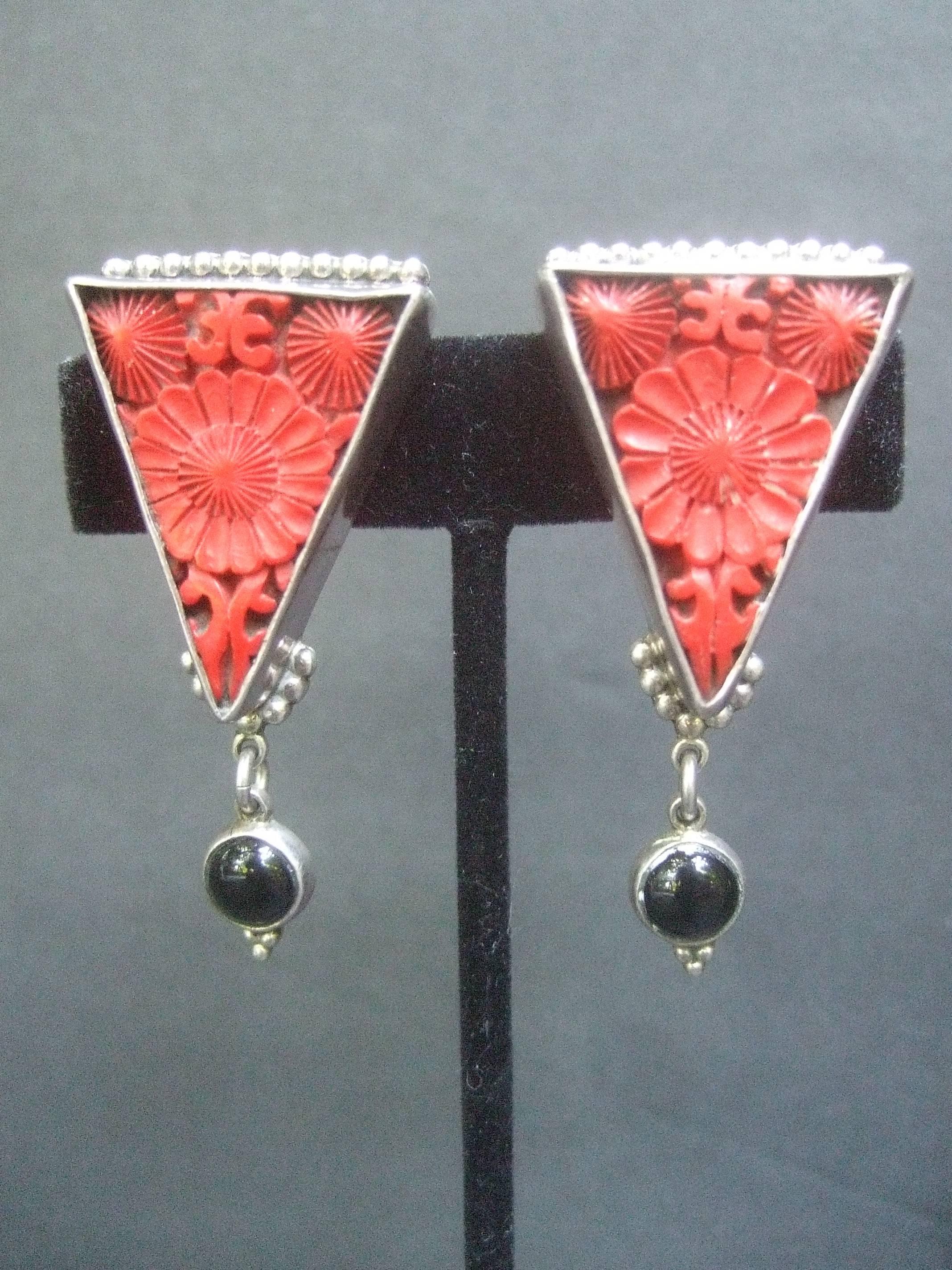 Exotic Carved Coral & Jet Sterling Artisan Earrings  For Sale 6