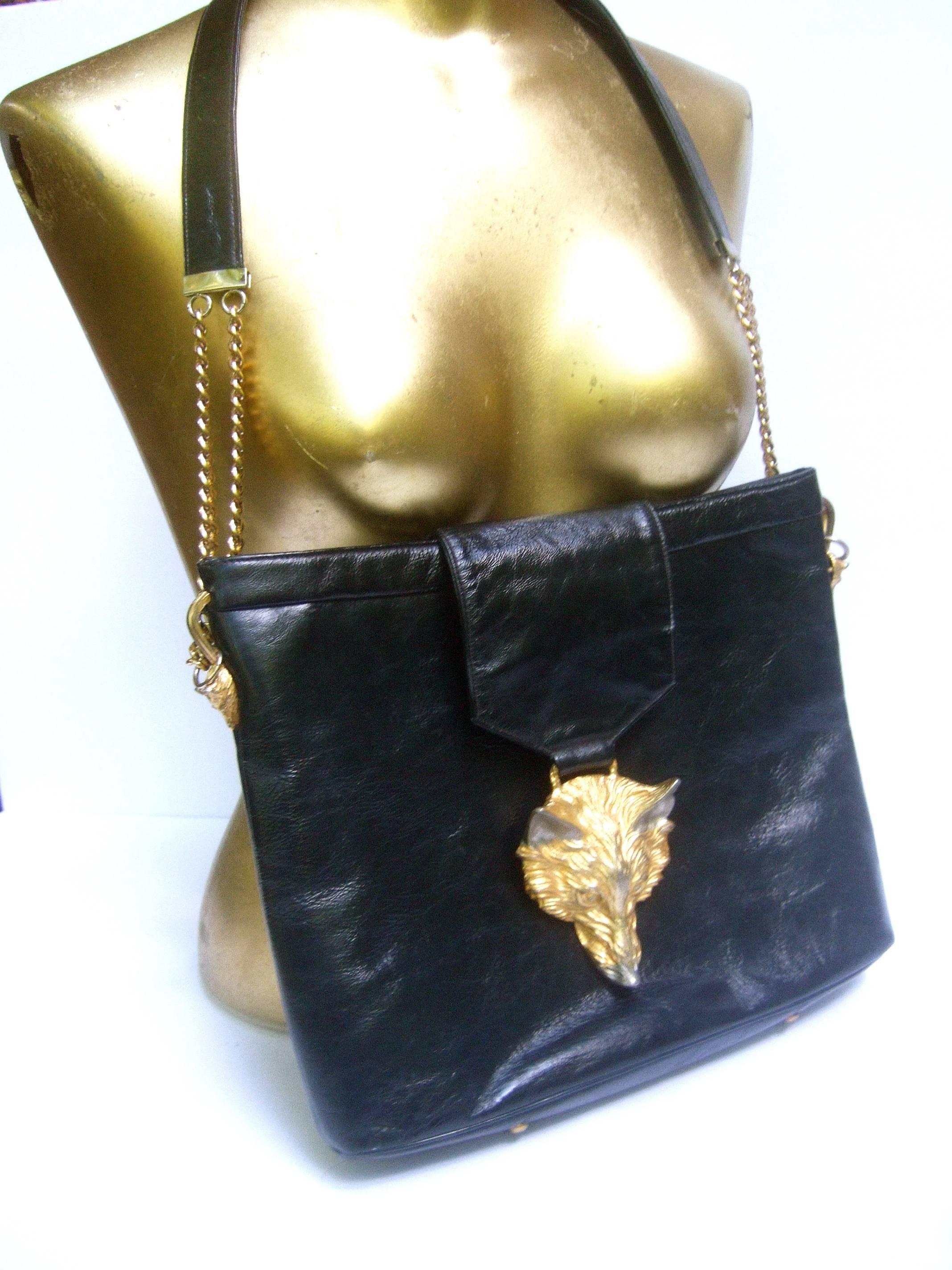 Women's Avant Garde Fox Emblem Black Leather Handbag Designed by Harry Rosenfeld c 1970s