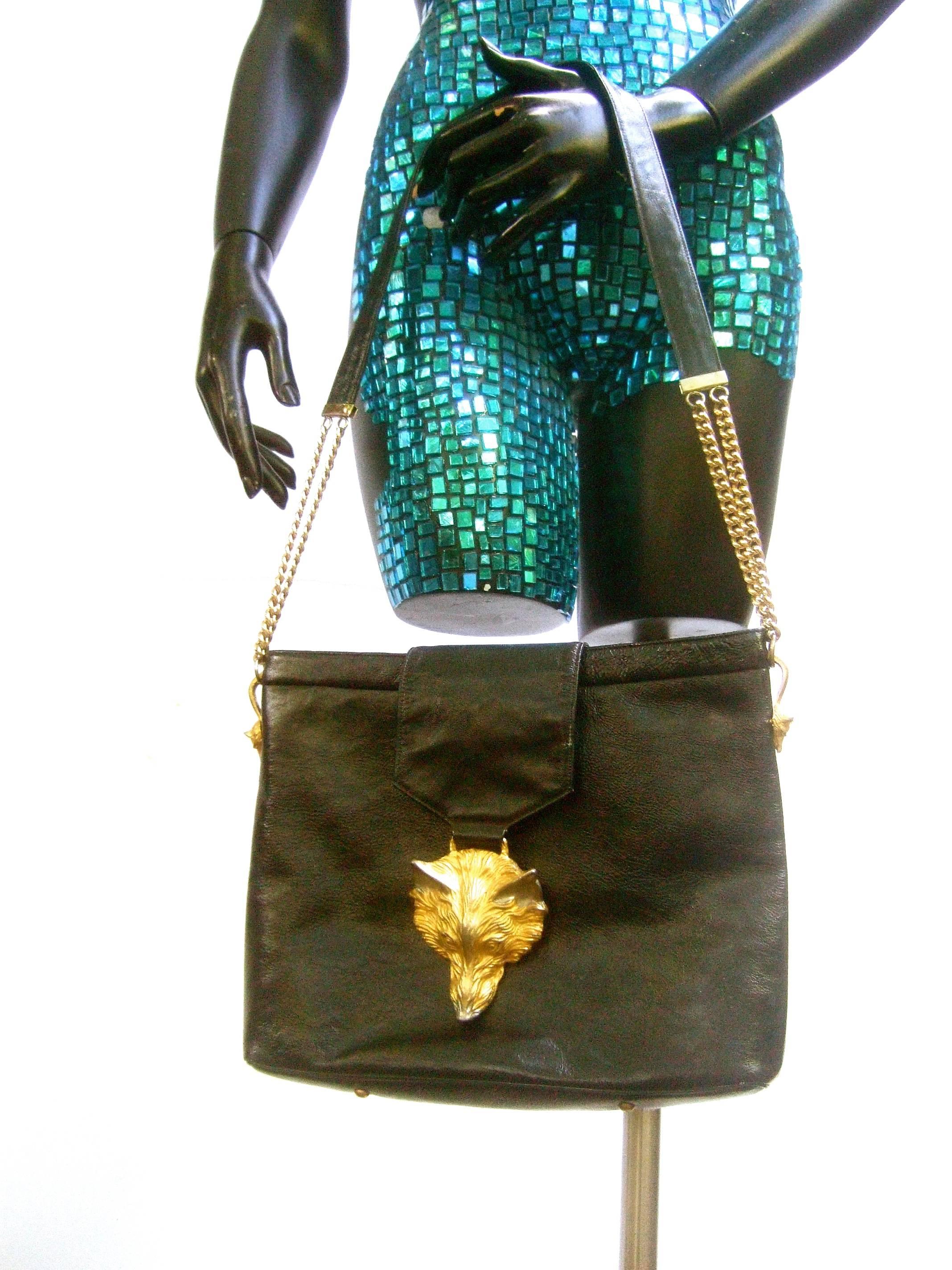 Avant Garde Fox Emblem Black Leather Handbag Designed by Harry Rosenfeld c 1970s 1