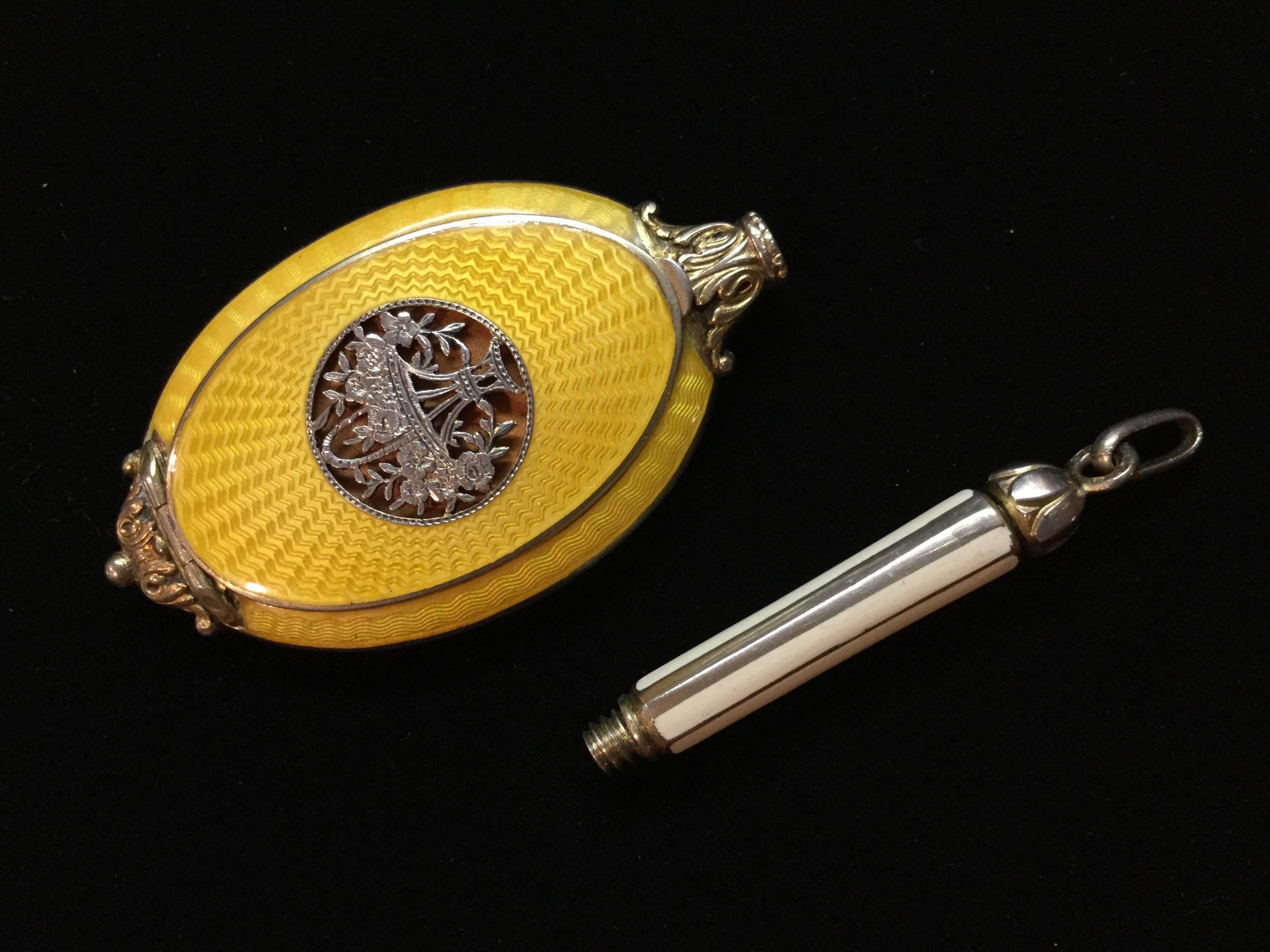 Women's or Men's Exquisite Guilloche Enamel Sterling Silver Compact Pendant . Austrian. 1910.