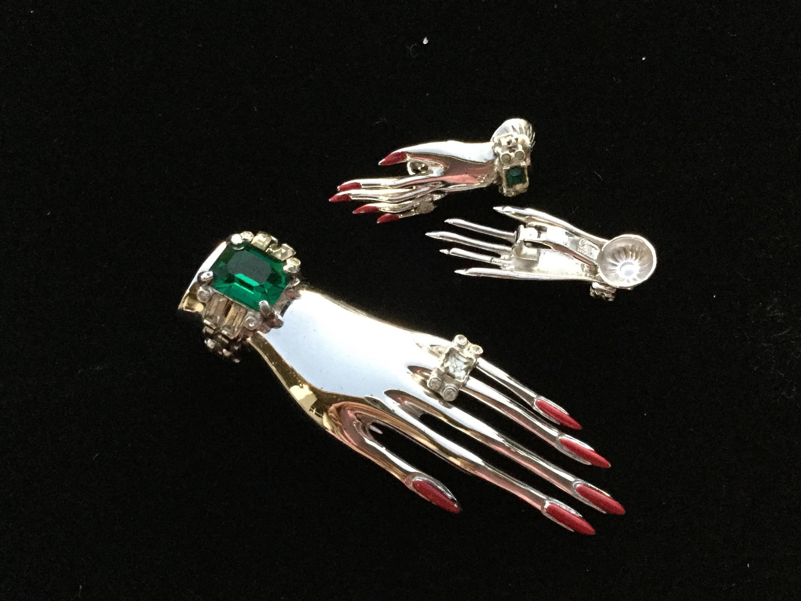 Retro Surrealistic Sterling Silver Hand Set by Corocraft. Clip and Earrings. 1944