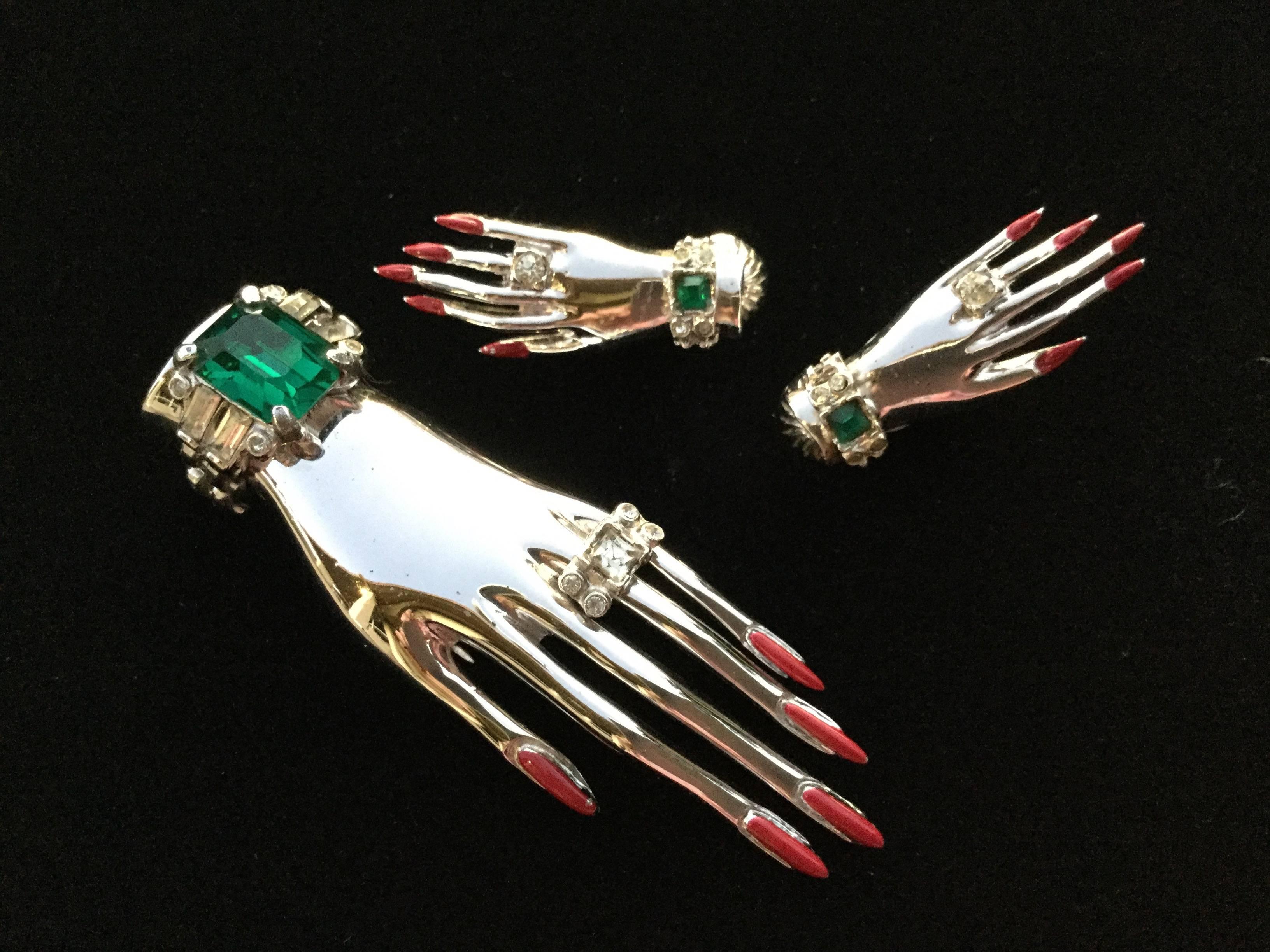 Surrealistic Sterling Silver Hand Set by Corocraft. Clip and Earrings. 1944 In Excellent Condition In University City, MO