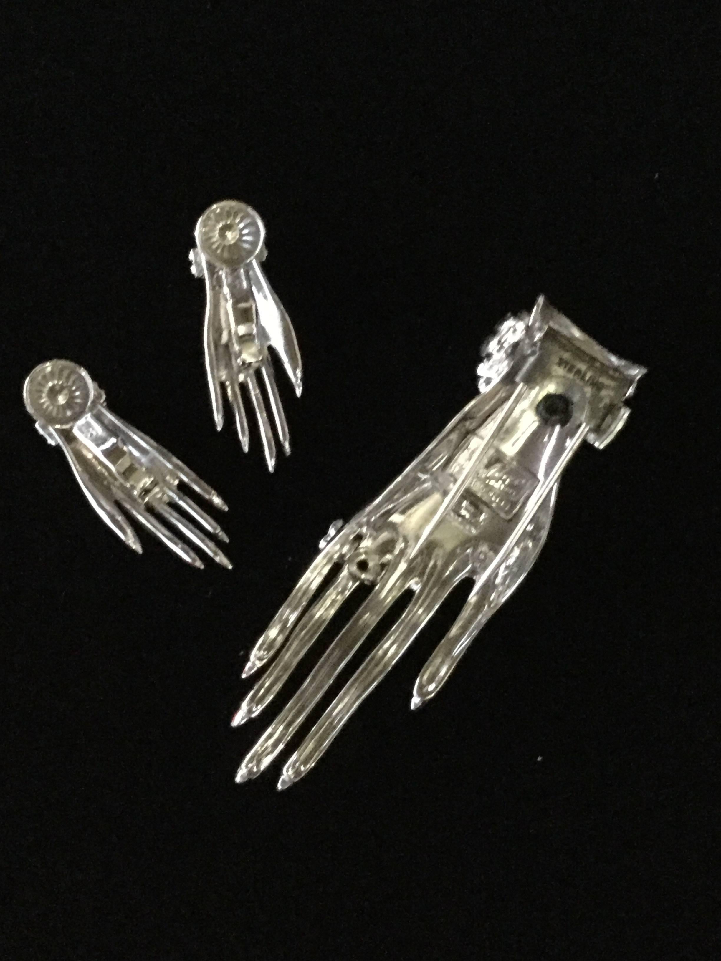 Surrealistic Sterling Silver Hand Set by Corocraft. Clip and Earrings. 1944 1