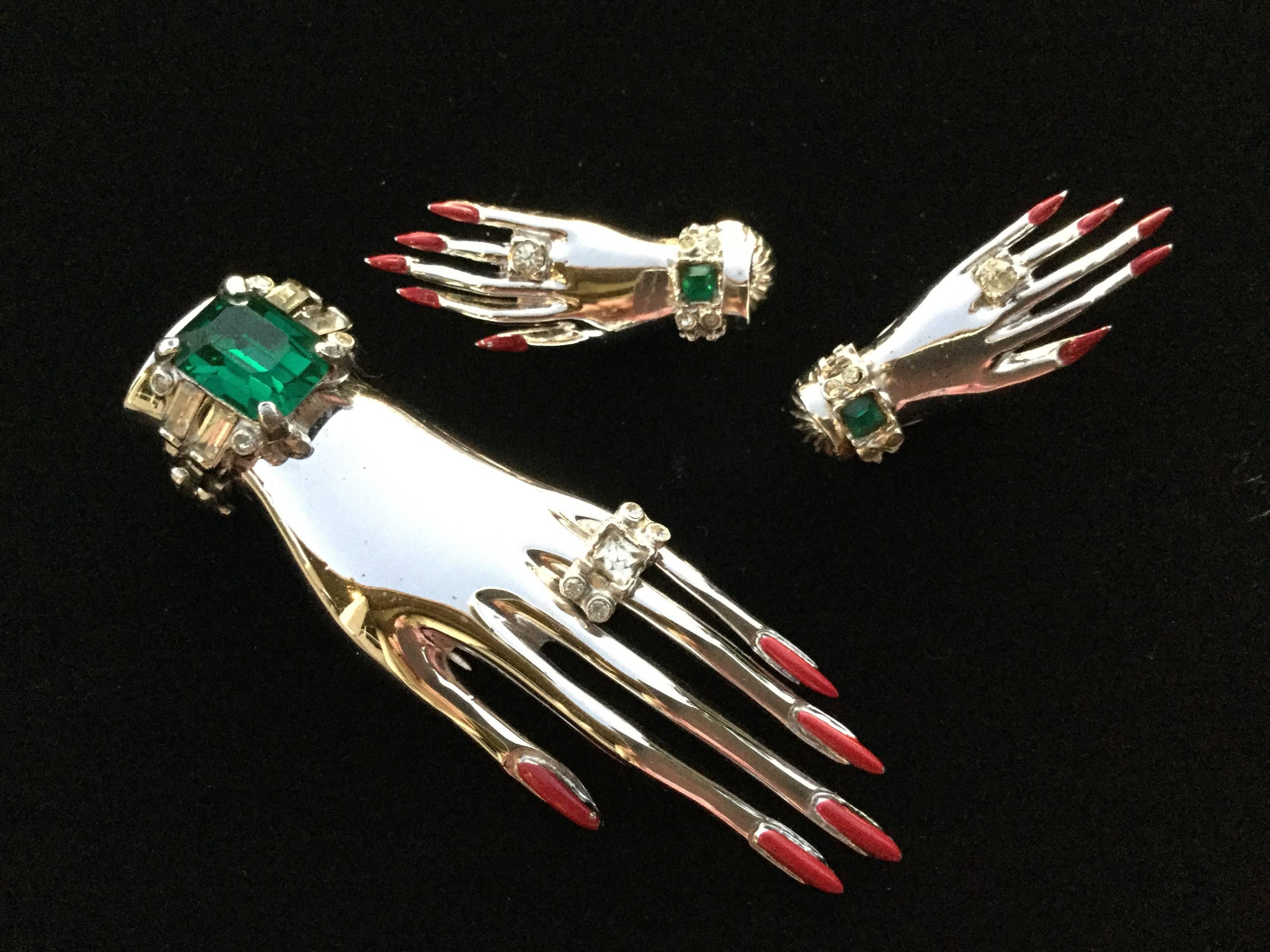 Surrealistic Sterling Silver Hand Set by Corocraft. Clip and Earrings. 1944 2