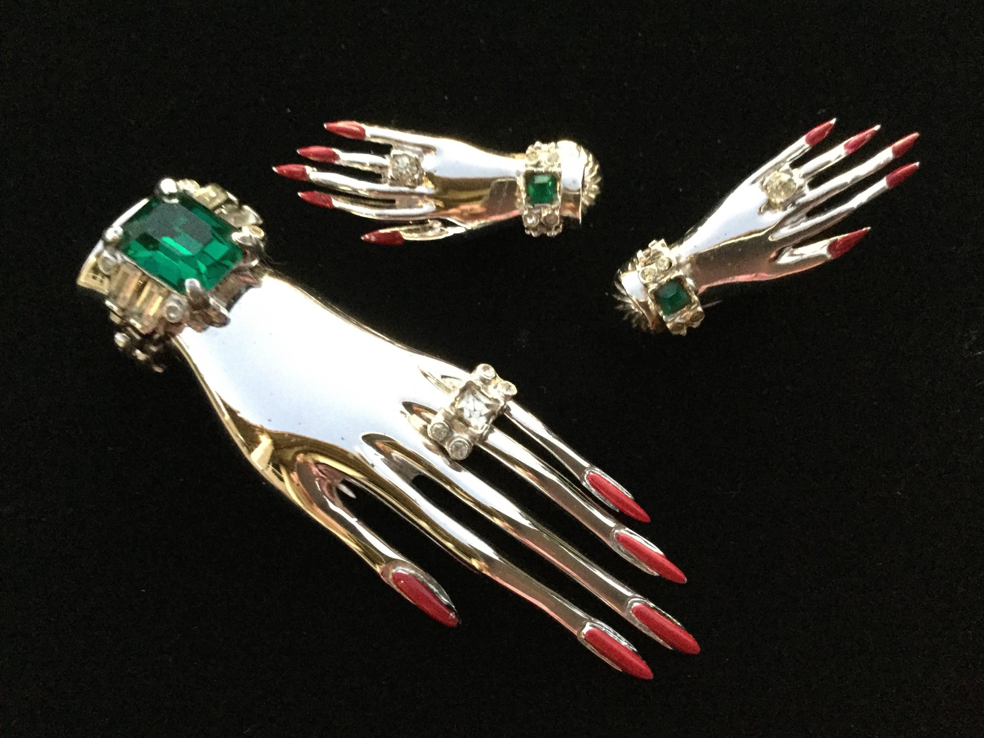 Surrealistic Sterling Silver Hand Set by Corocraft. Clip and Earrings. 1944 3
