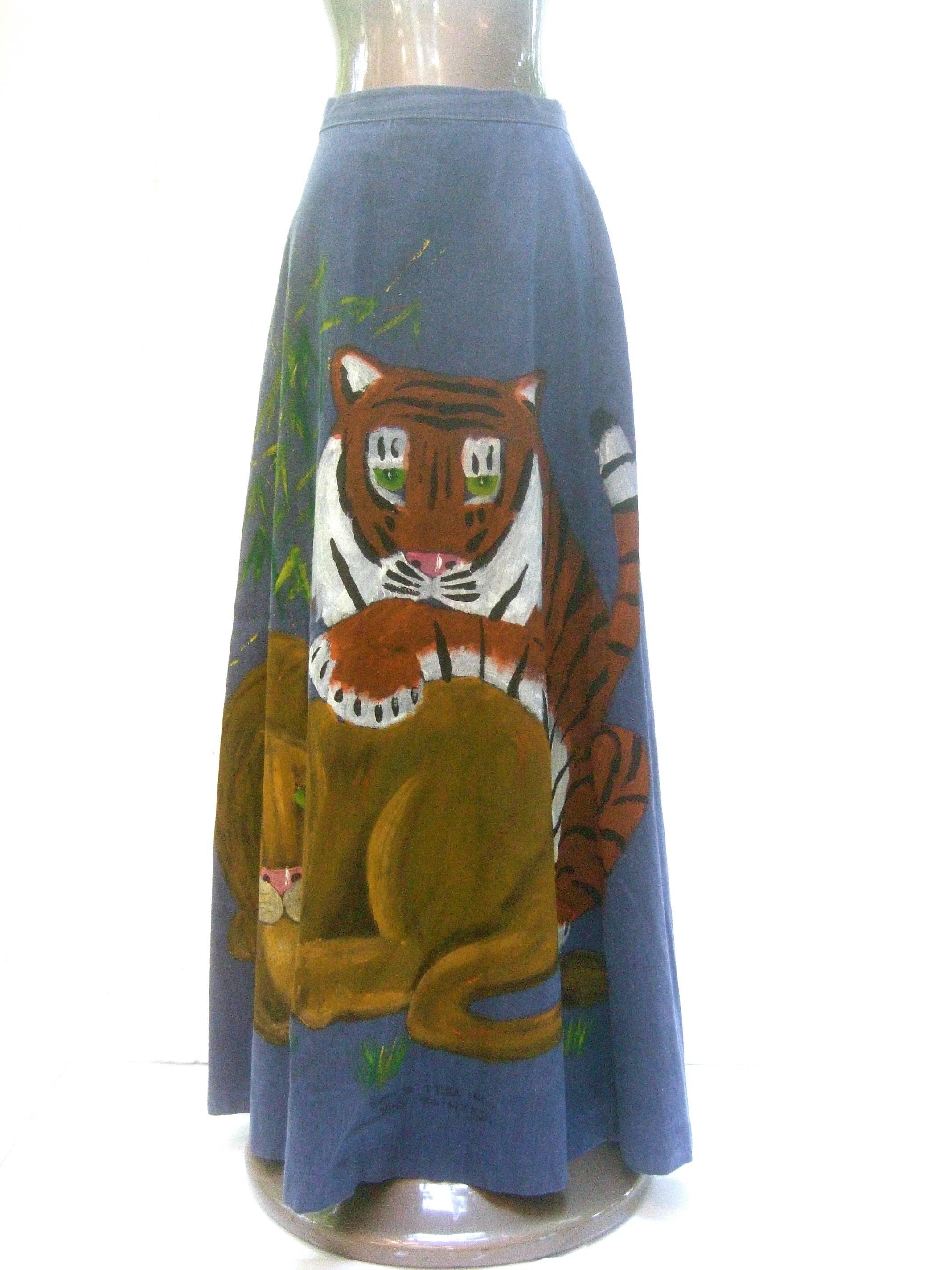 Incredible Hand Painted Big Cat Denim Maxi Skirt by Mimosa Tree. 1970's. 3