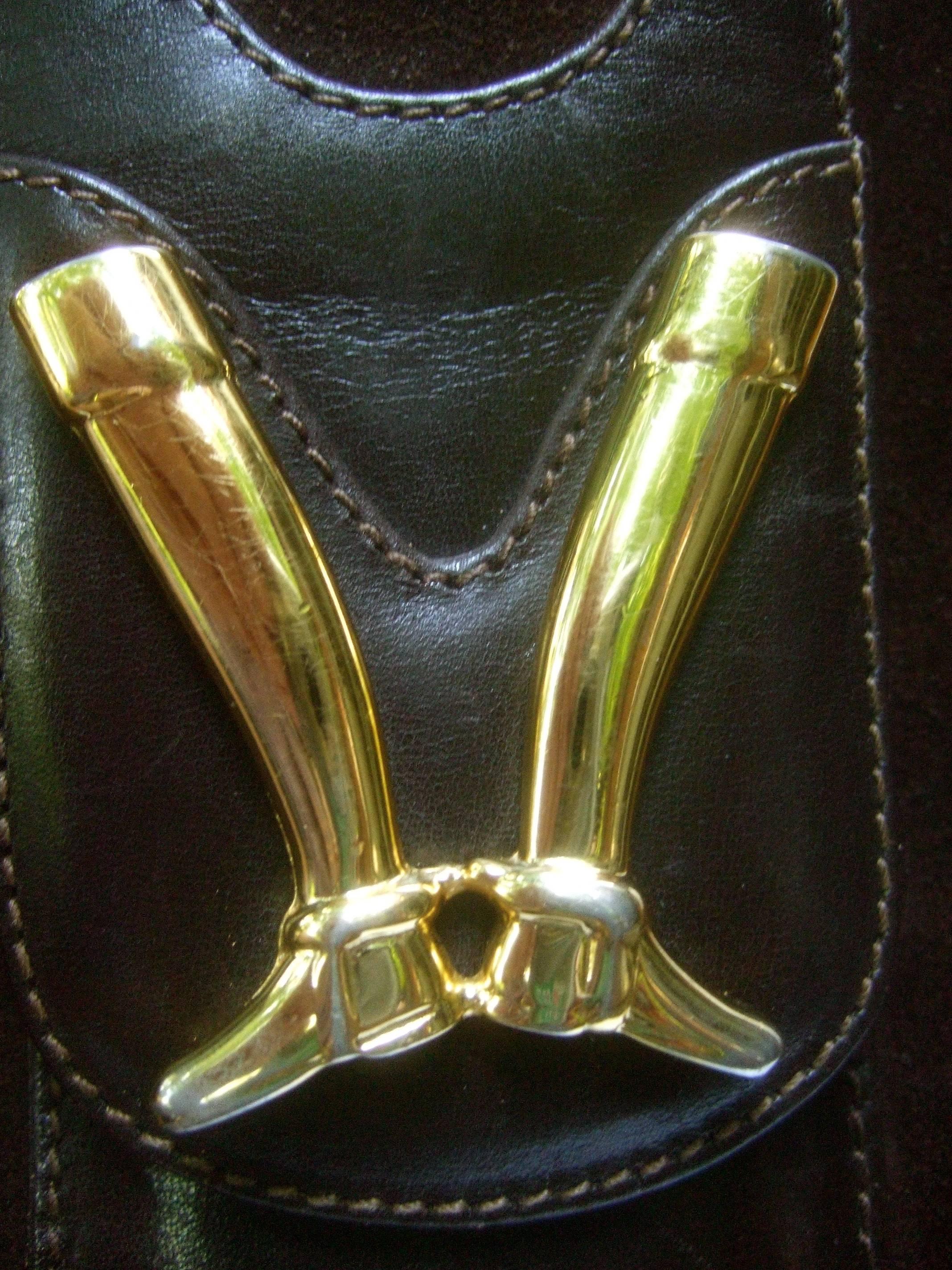 Black Gucci Rare Chocolate Brown Suede Equestrian Boot Emblem Shoulder Bag c 1970s