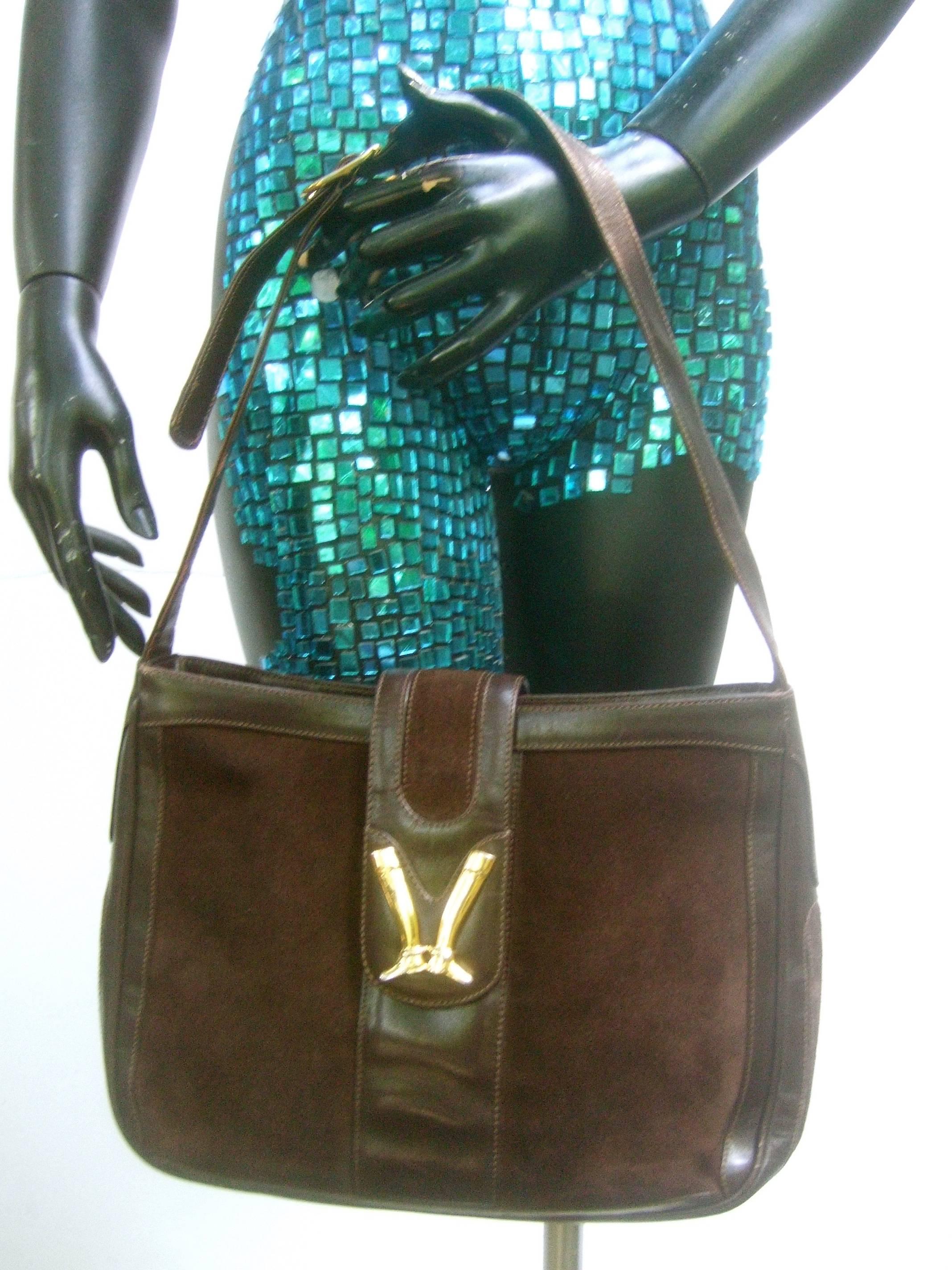 Gucci Rare Chocolate Brown Suede Equestrian Boot Emblem Shoulder Bag c 1970s In Good Condition In University City, MO