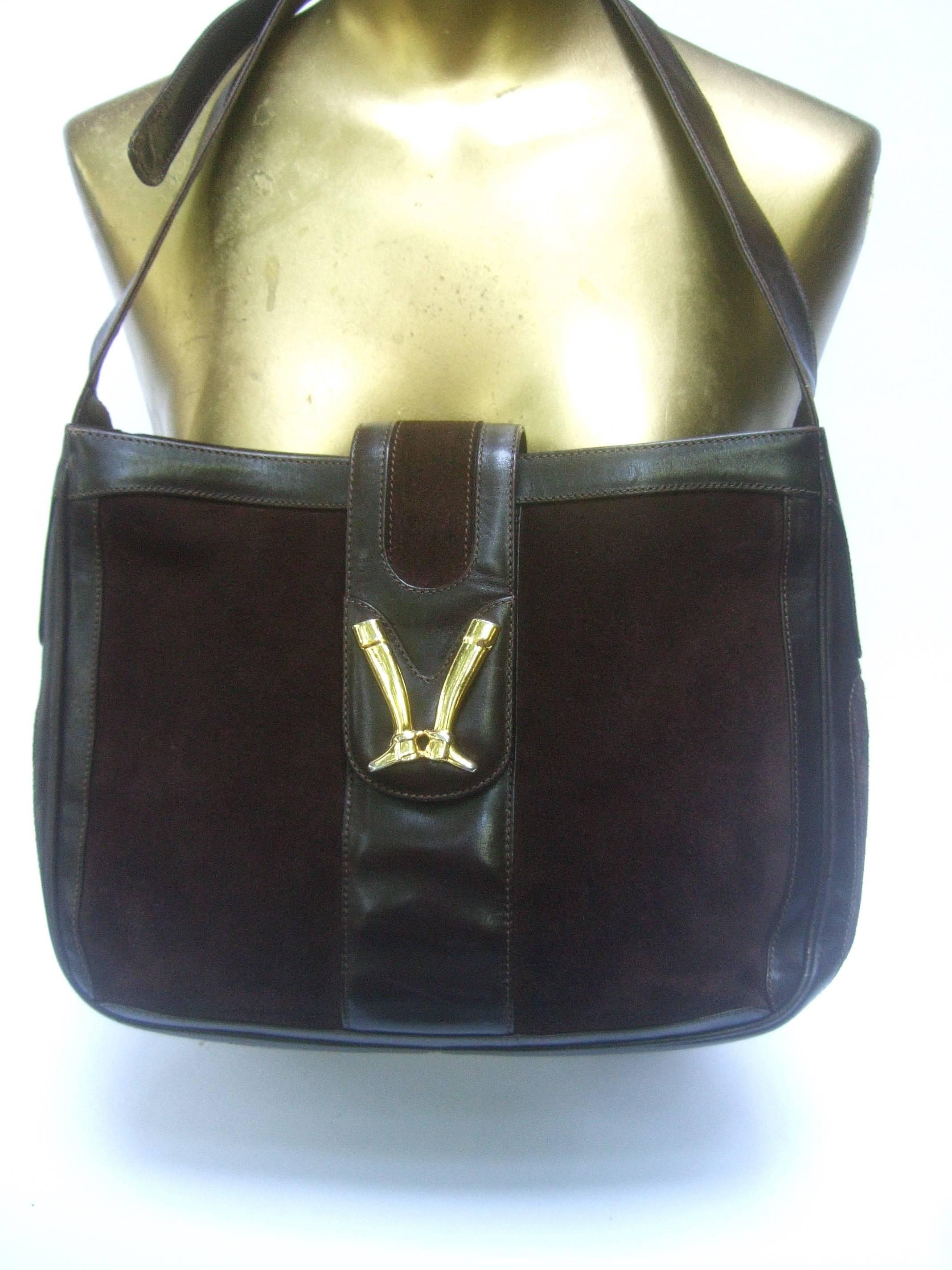 Women's Gucci Rare Chocolate Brown Suede Equestrian Boot Emblem Shoulder Bag c 1970s