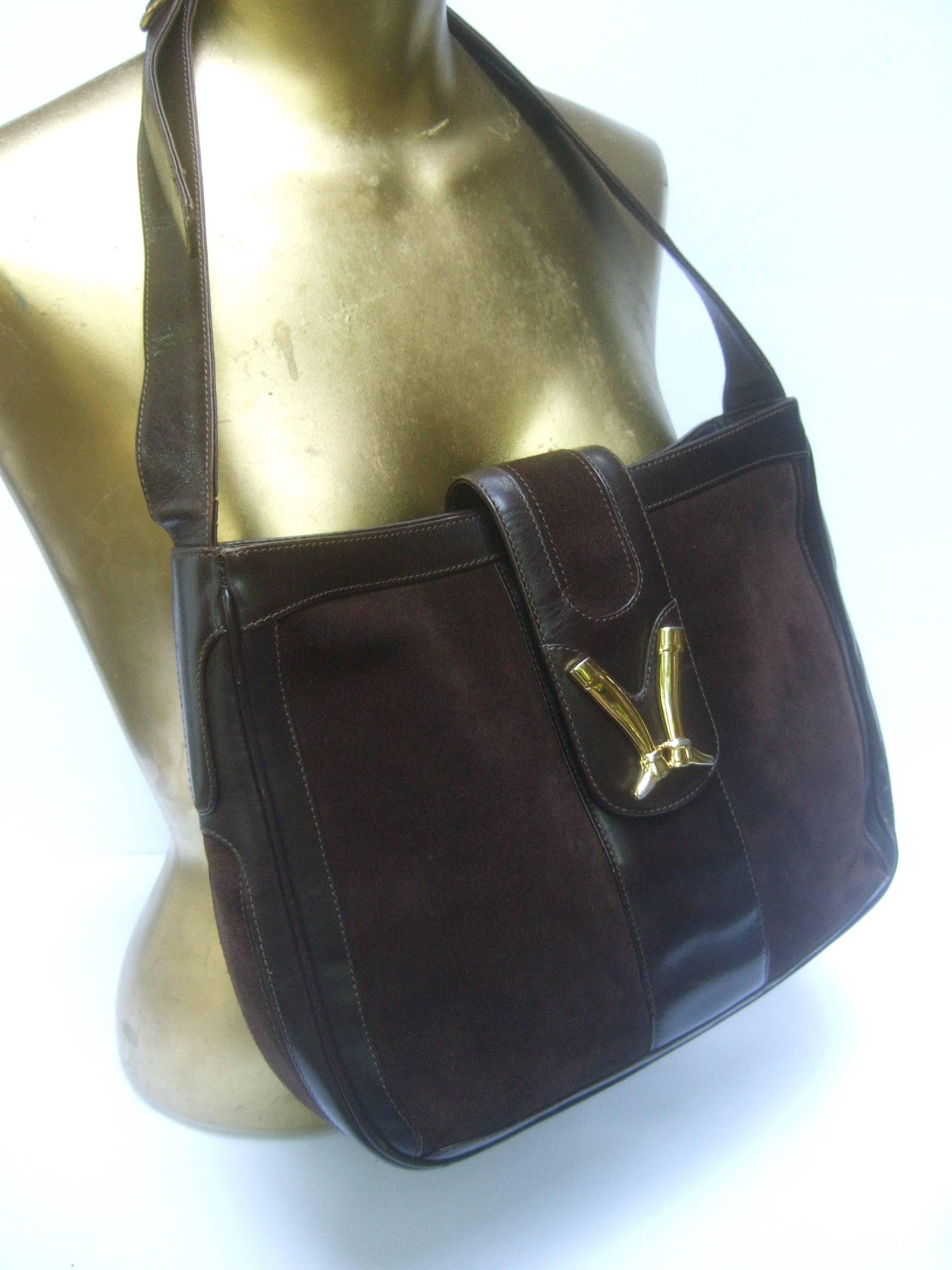 Gucci Rare Chocolate Brown Suede Equestrian Boot Emblem Shoulder Bag c 1970s 2