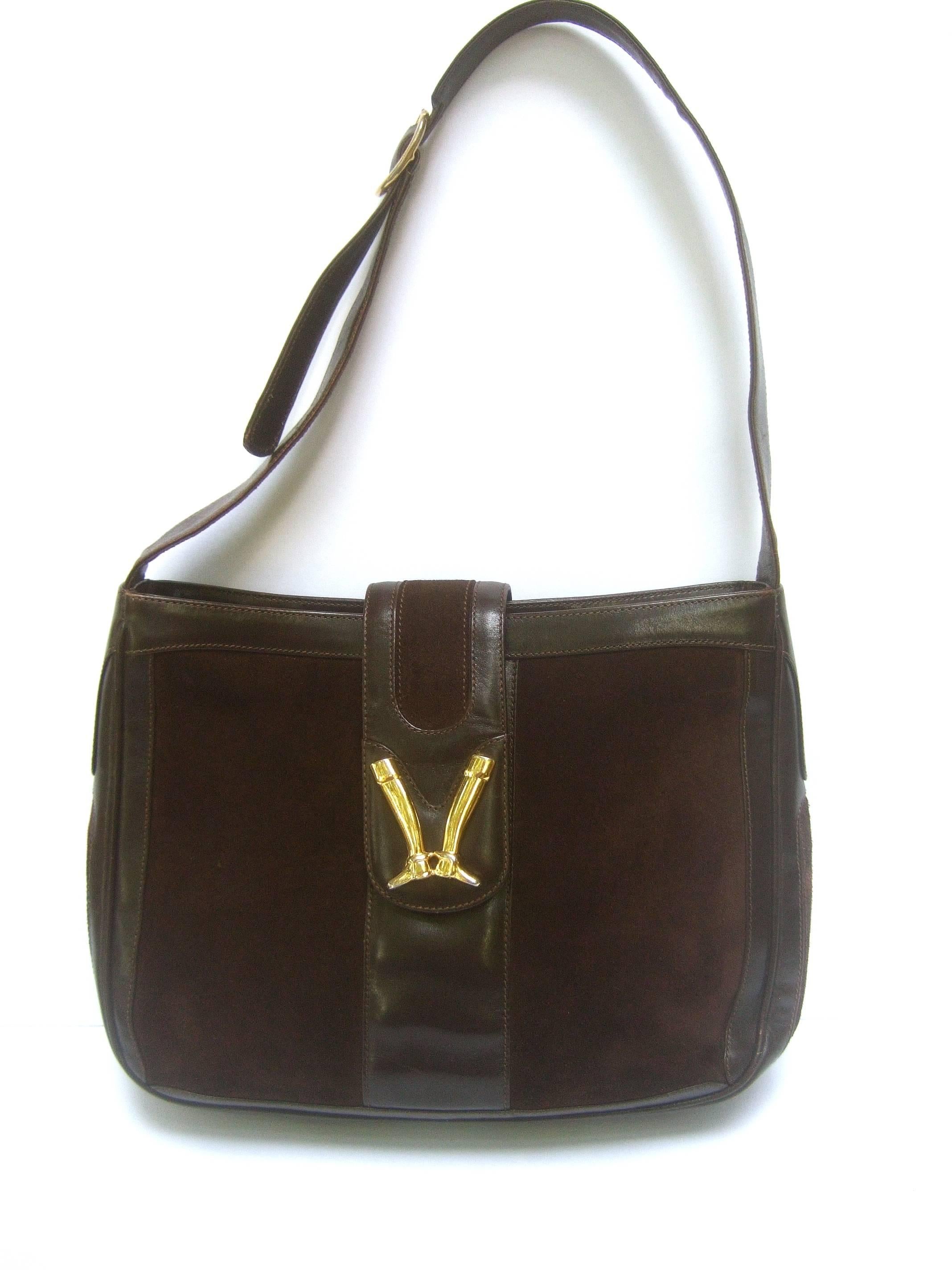 Gucci Rare Chocolate Brown Suede Equestrian Boot Emblem Shoulder Bag c 1970s 1