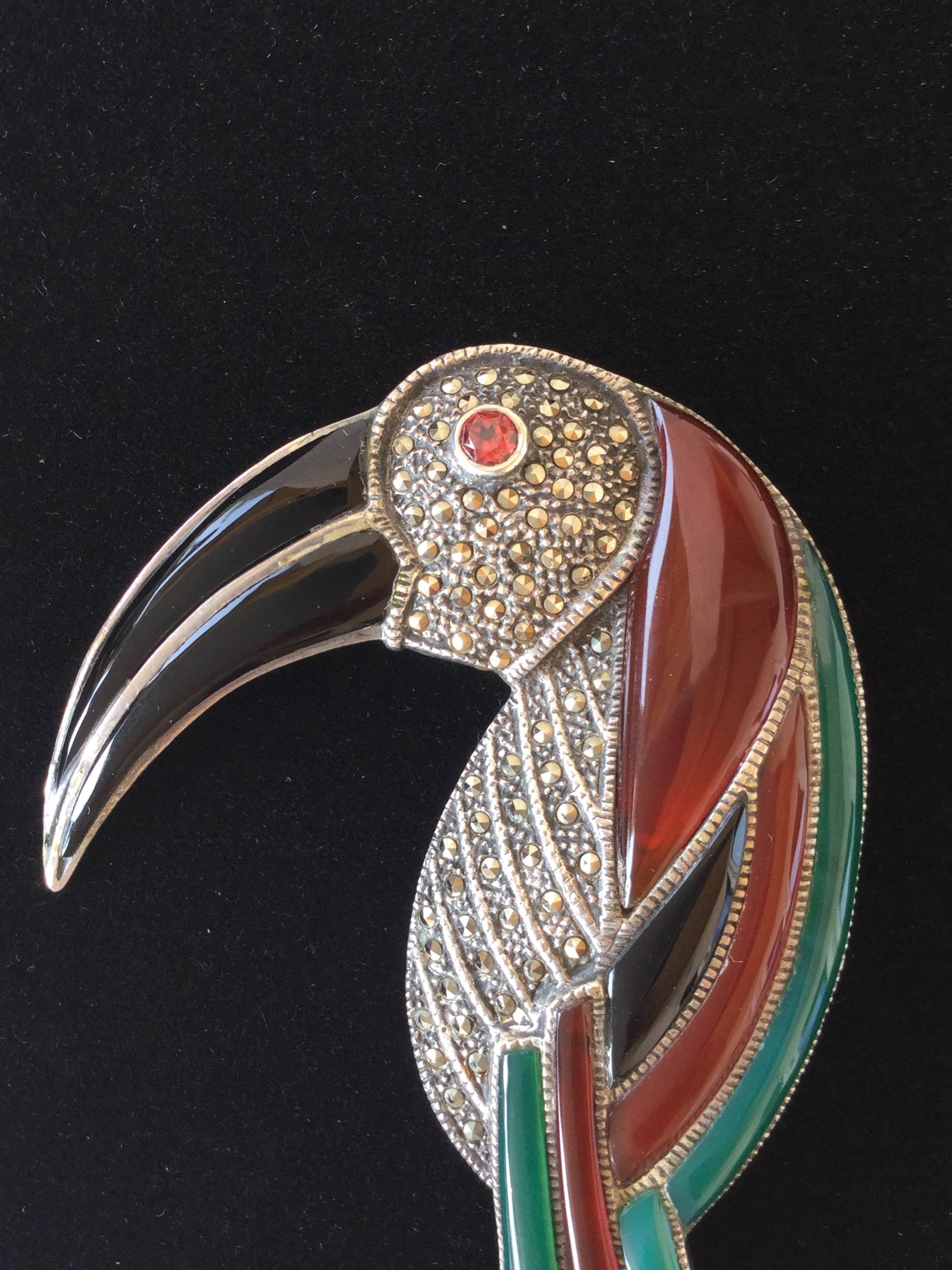 Art Deco Huge Gemstone and Sterling Silver Toucan Brooch. Deco Style. 1970's.