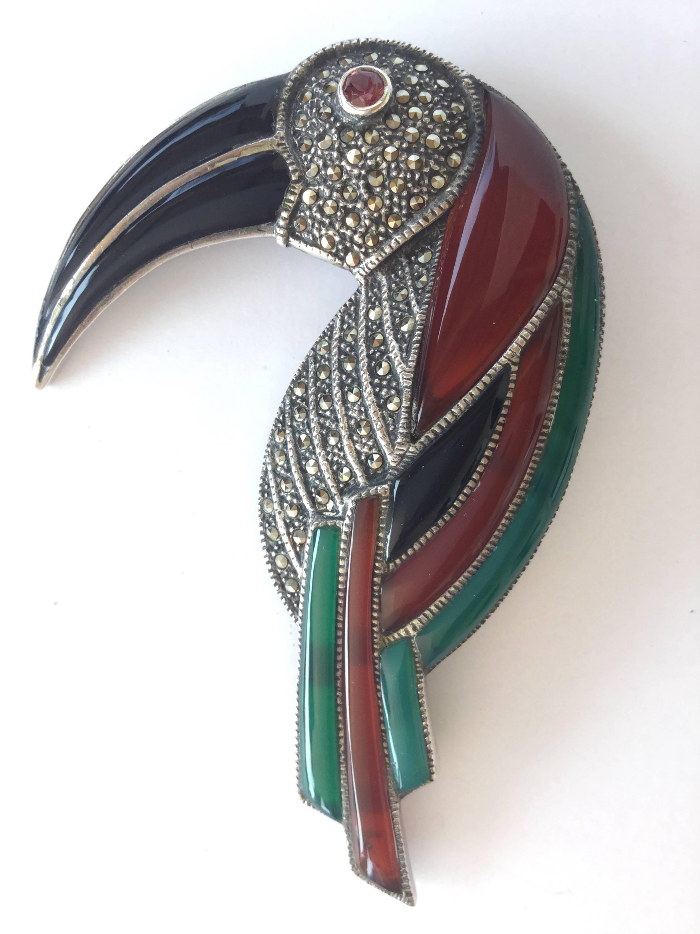 Huge Gemstone and Sterling Silver Toucan Brooch. Deco Style. 1970's. In Excellent Condition In University City, MO