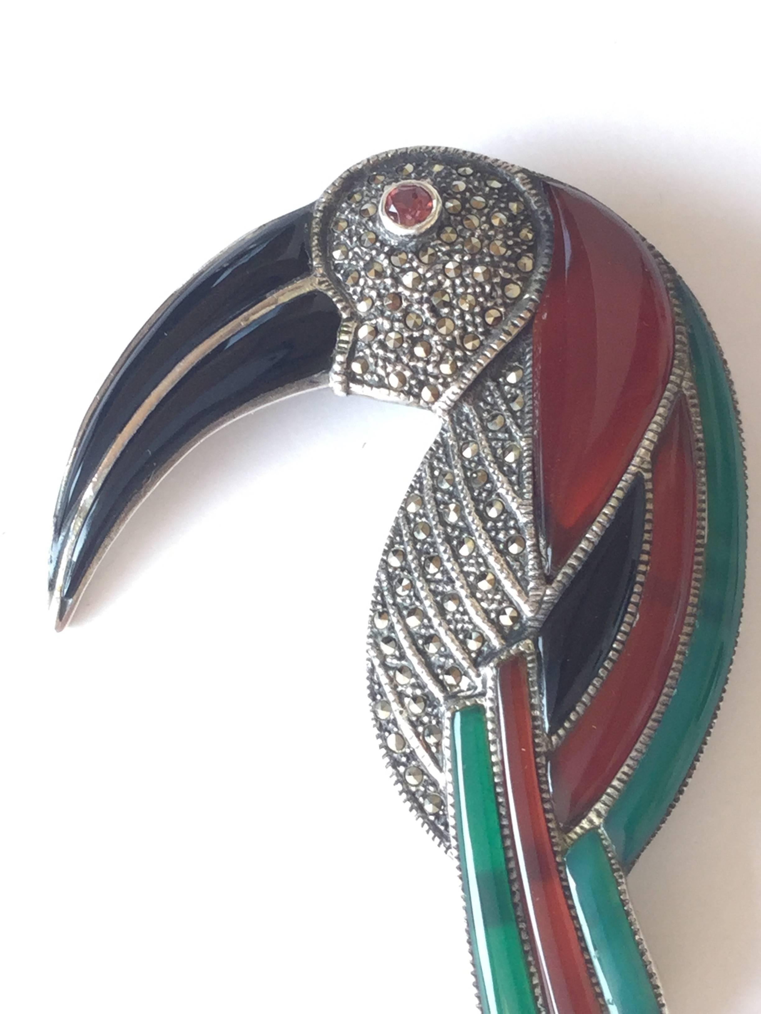 Women's or Men's Huge Gemstone and Sterling Silver Toucan Brooch. Deco Style. 1970's.
