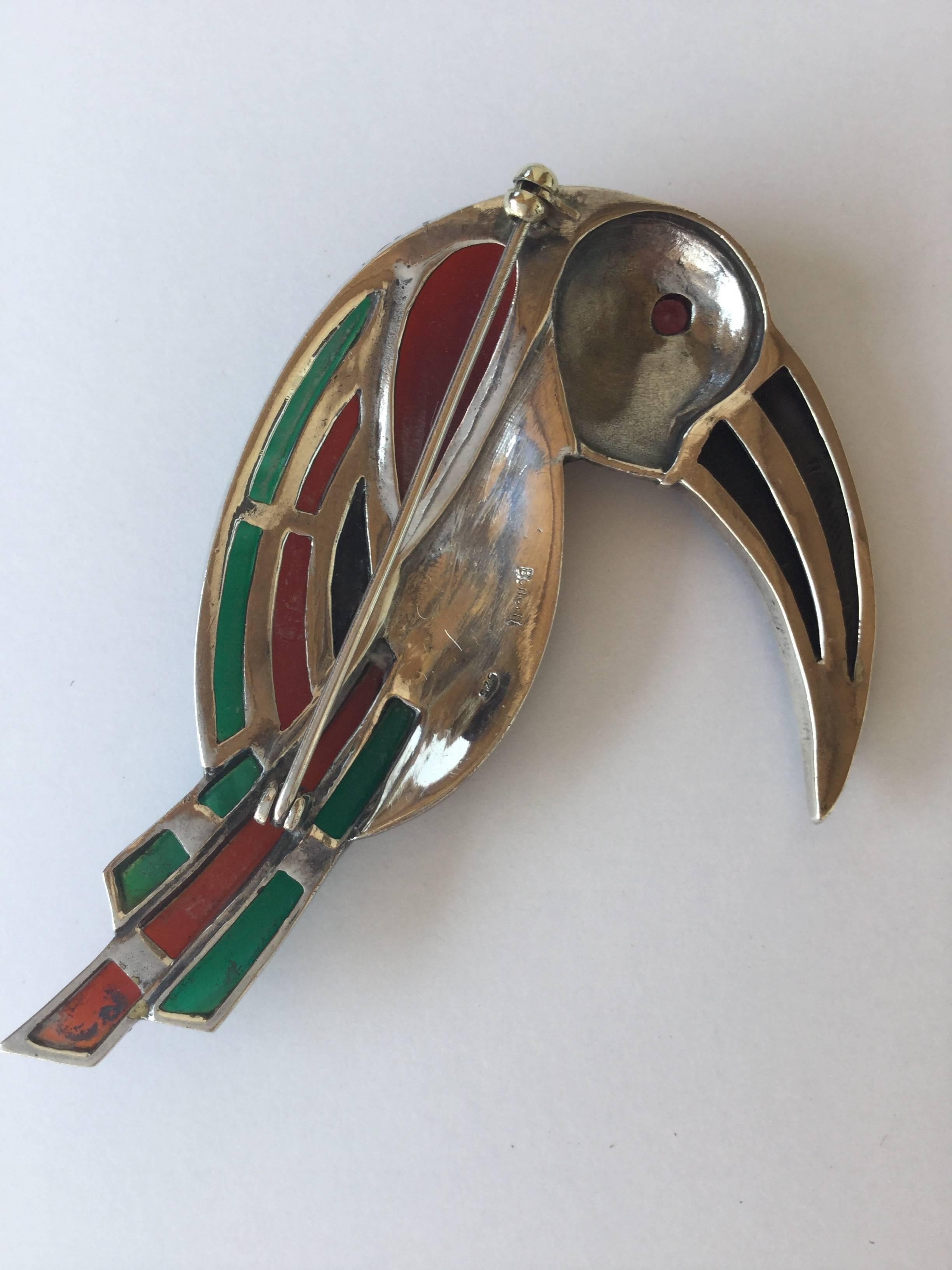 Huge Gemstone and Sterling Silver Toucan Brooch. Deco Style. 1970's. 1