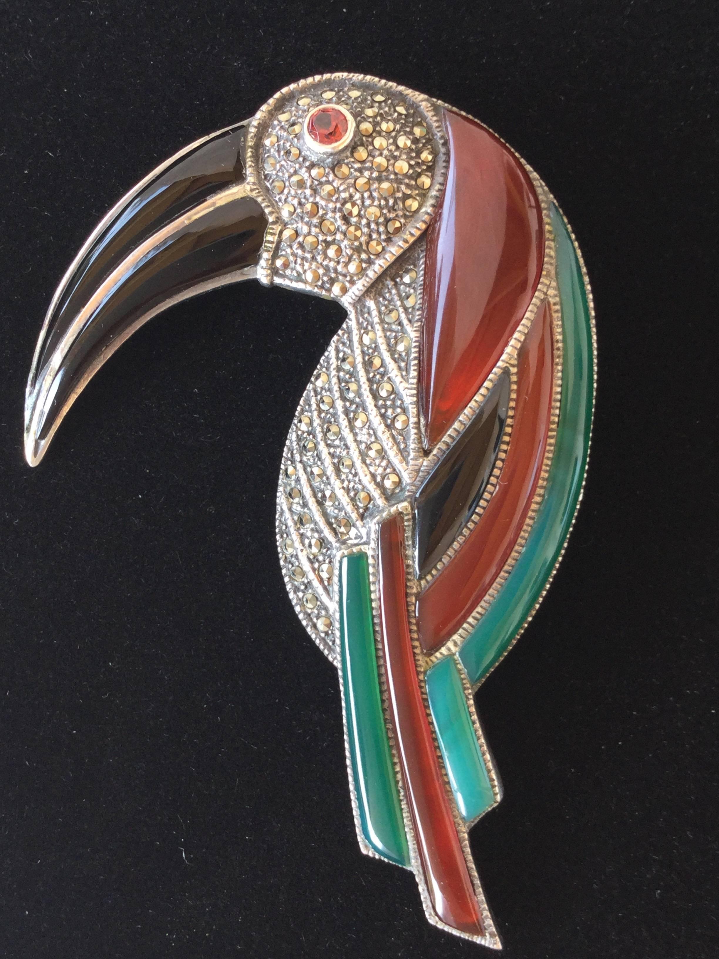 Huge Gemstone and Sterling Silver Toucan Brooch. Deco Style. 1970's. 4
