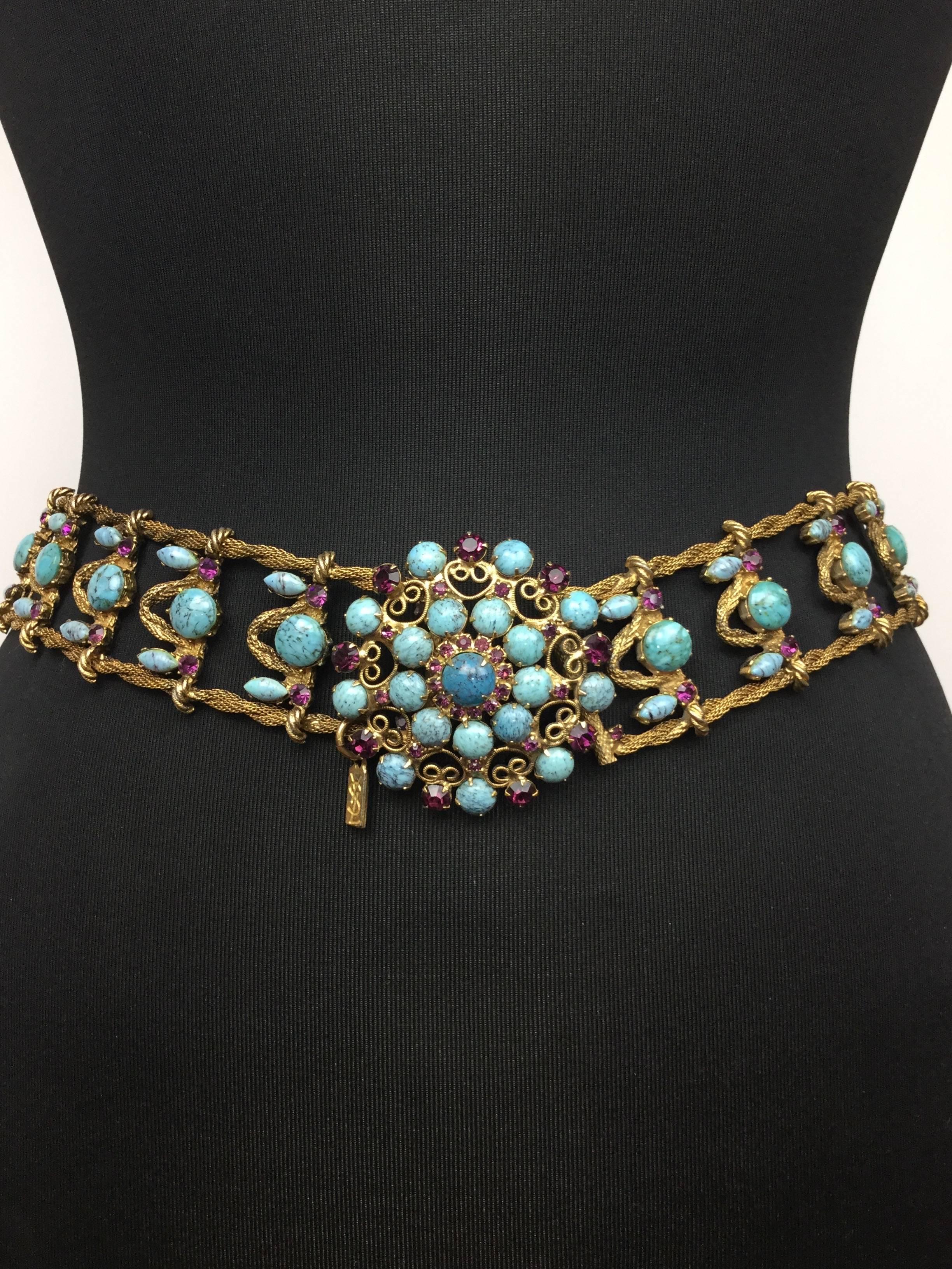 Brown Incredible Yves Saint Laurent Metal Belt with Faux Turquoise Cabochons. 1970's.