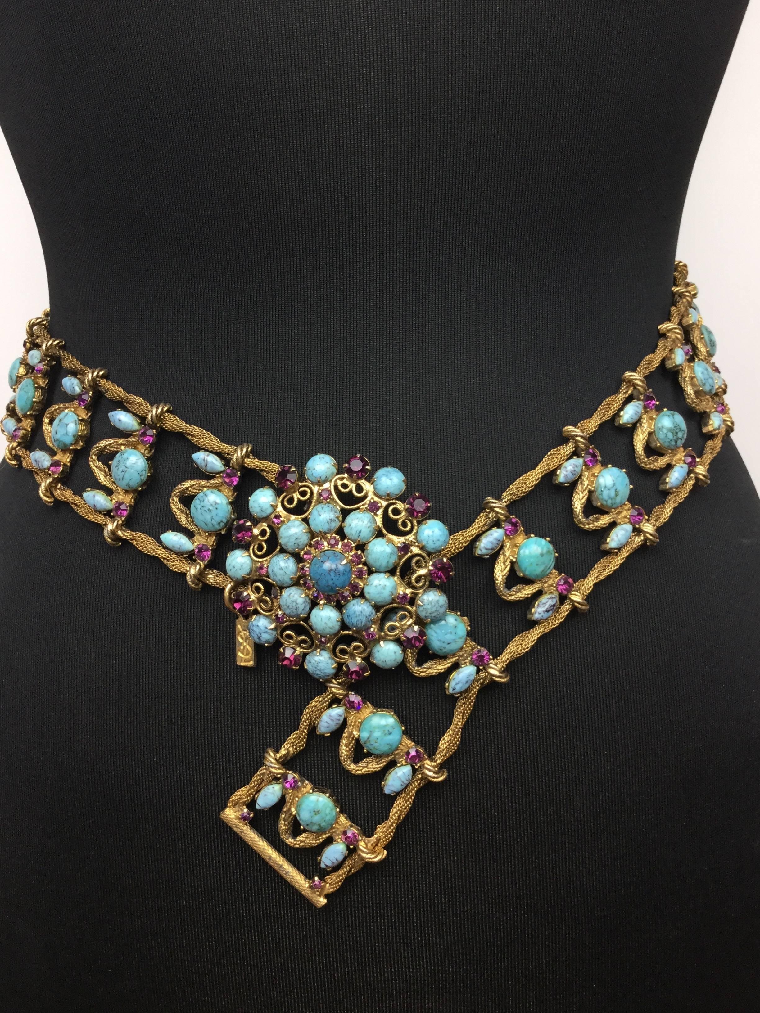 Incredible Yves Saint Laurent Metal Belt with Faux Turquoise Cabochons. 1970's. In Excellent Condition In University City, MO