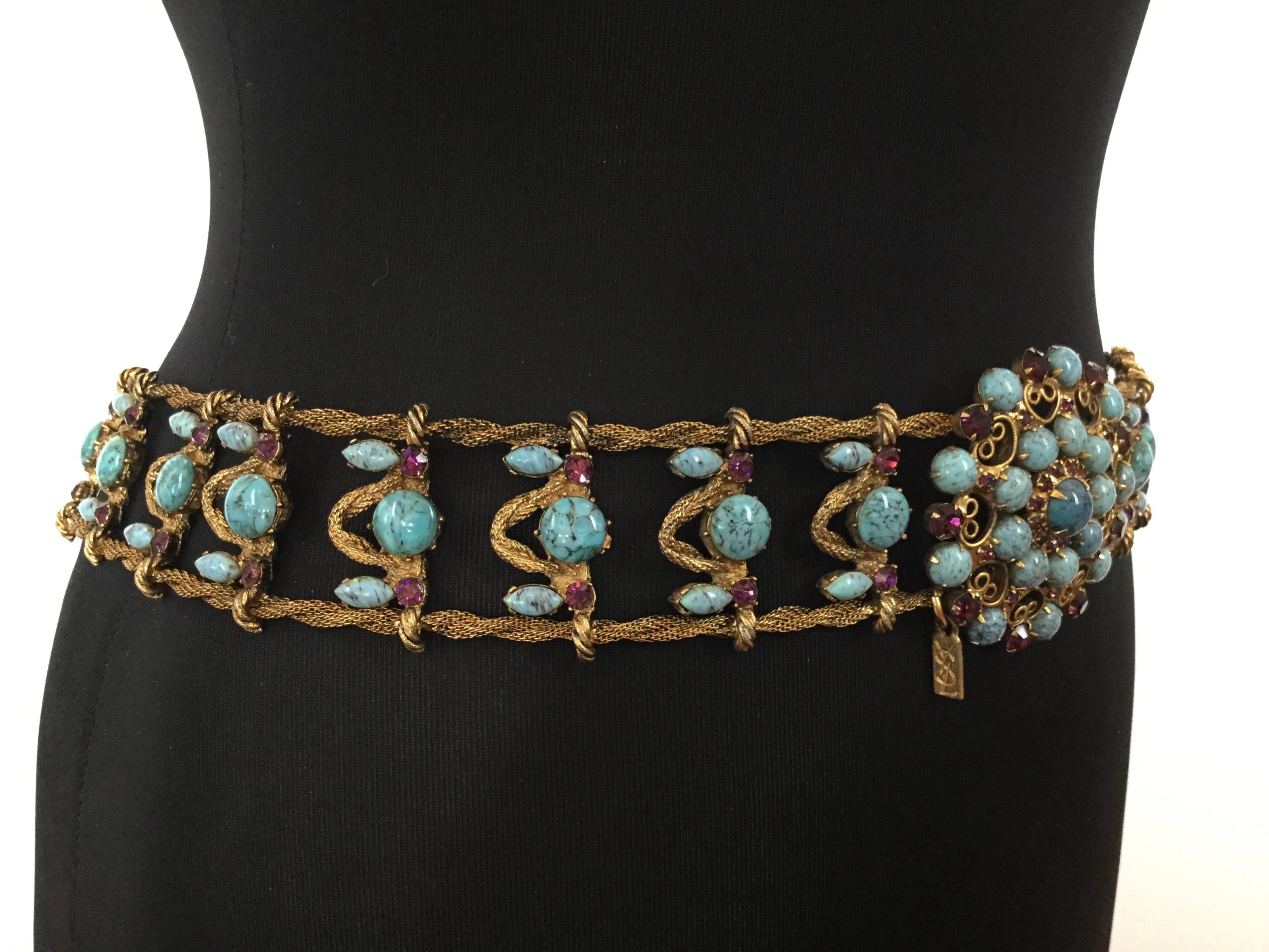 Women's or Men's Incredible Yves Saint Laurent Metal Belt with Faux Turquoise Cabochons. 1970's.