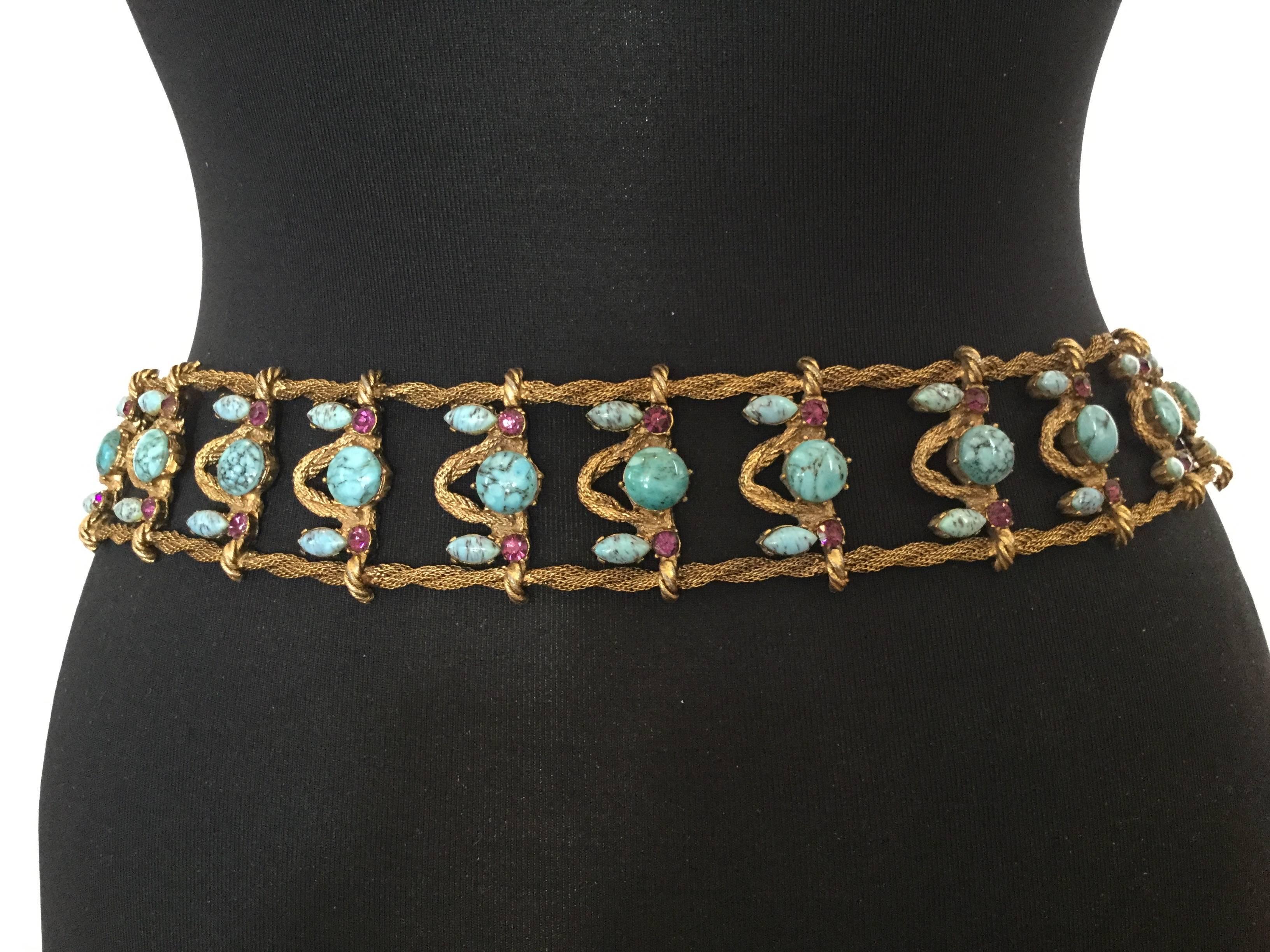 Incredible Yves Saint Laurent Metal Belt with Faux Turquoise Cabochons. 1970's. 1