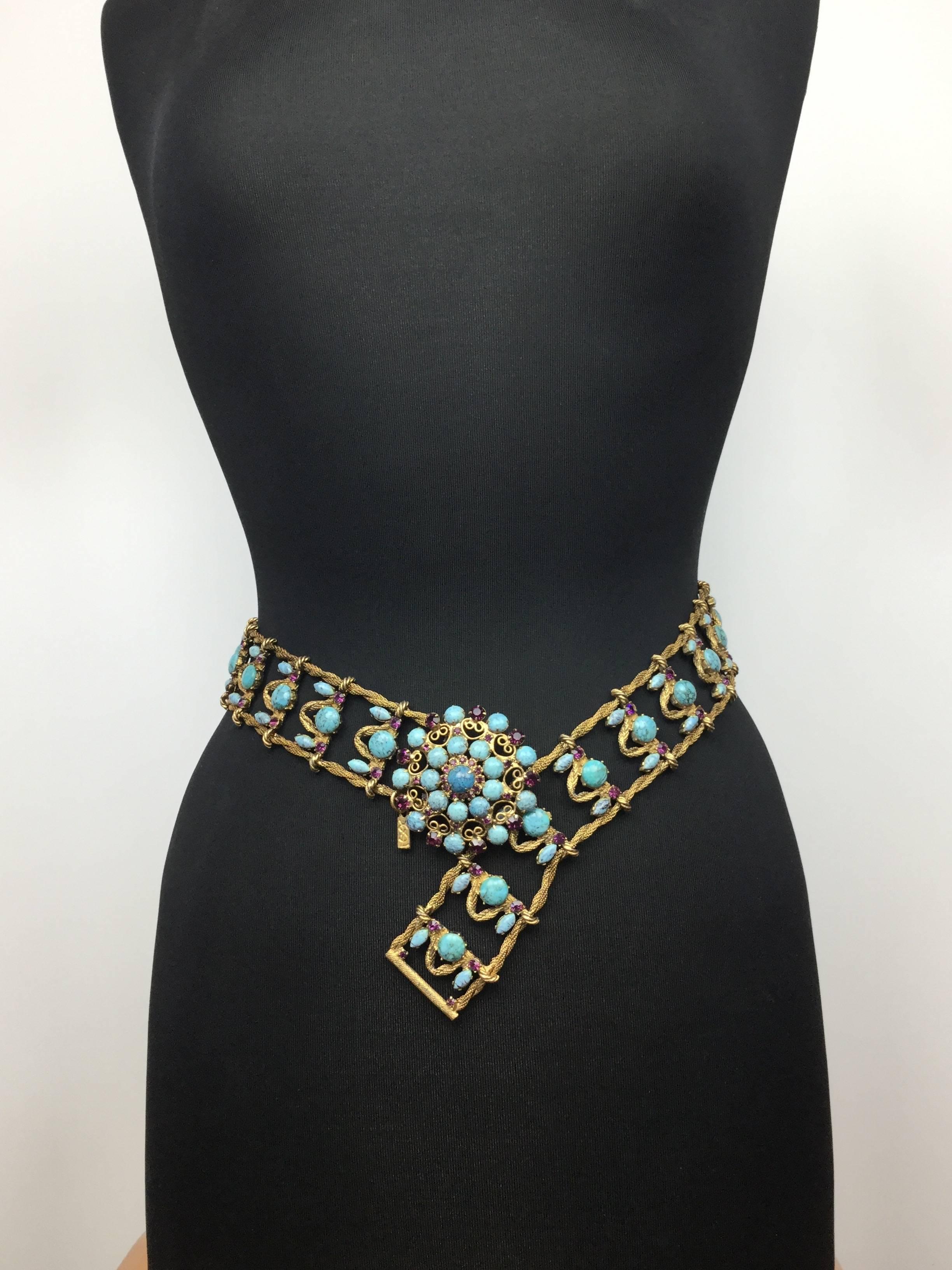 Incredible Yves Saint Laurent Metal Belt with Faux Turquoise Cabochons. 1970's. 2