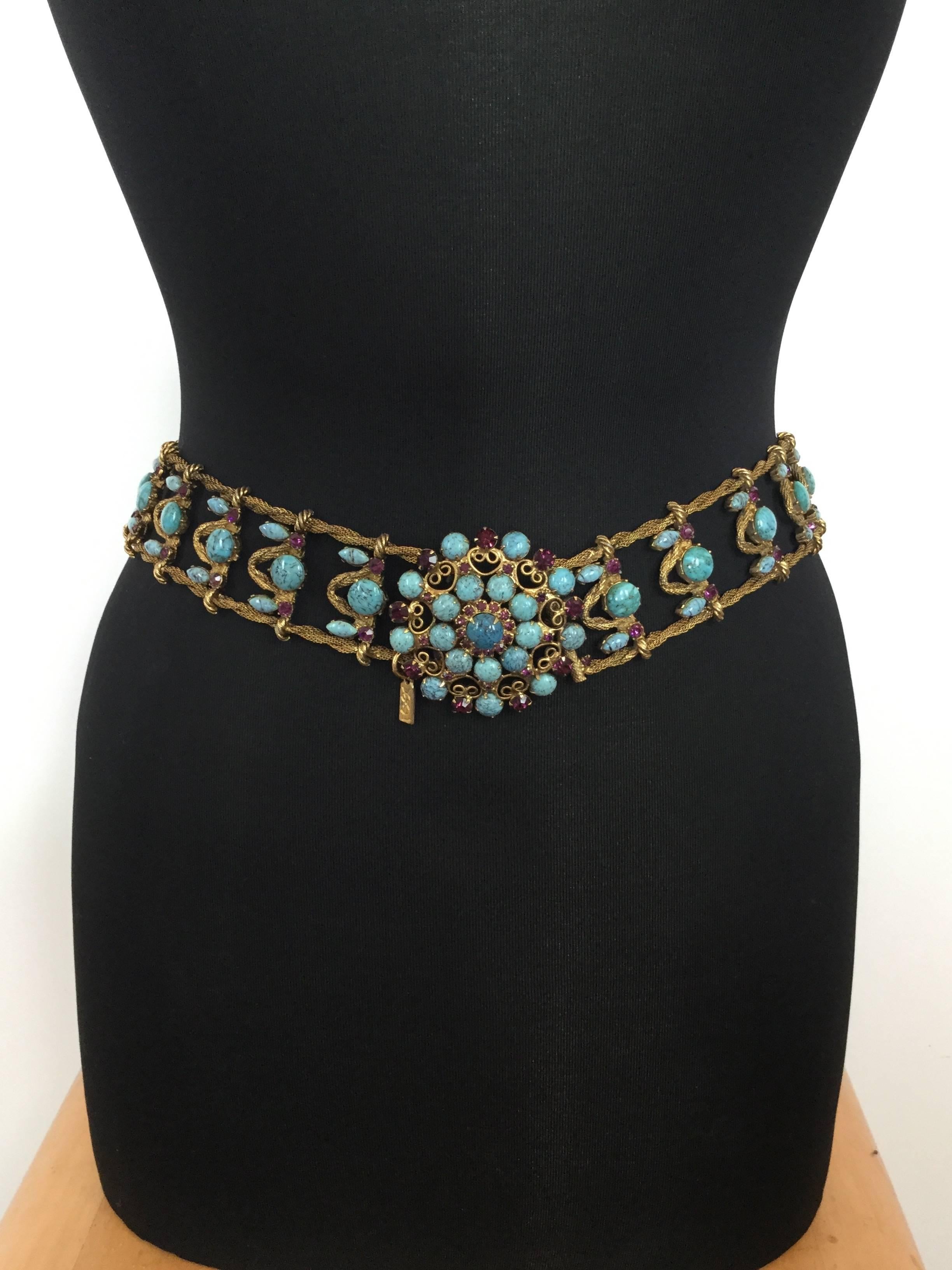 Incredible Yves Saint Laurent Metal Belt with Faux Turquoise Cabochons. 1970's. 3