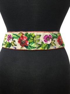 Rare Victorian Berlin Wool Work Floral Belt. Hand Stitched. 1870's.