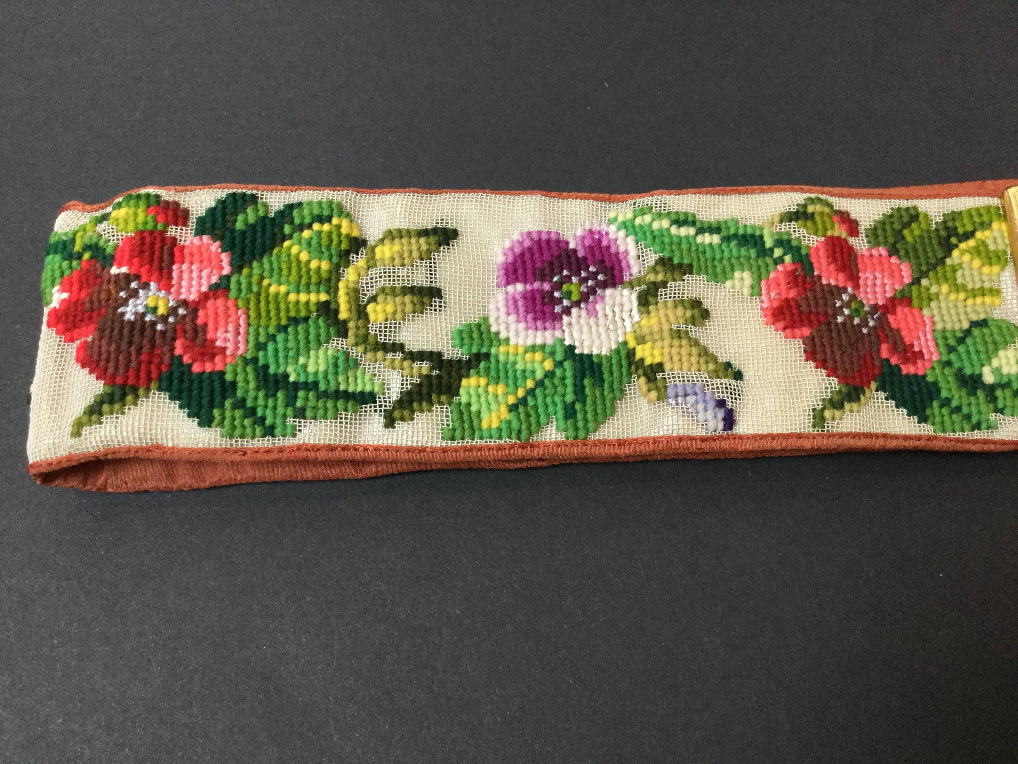Brown Rare Victorian Berlin Wool Work Floral Belt. Hand Stitched. 1870's. For Sale