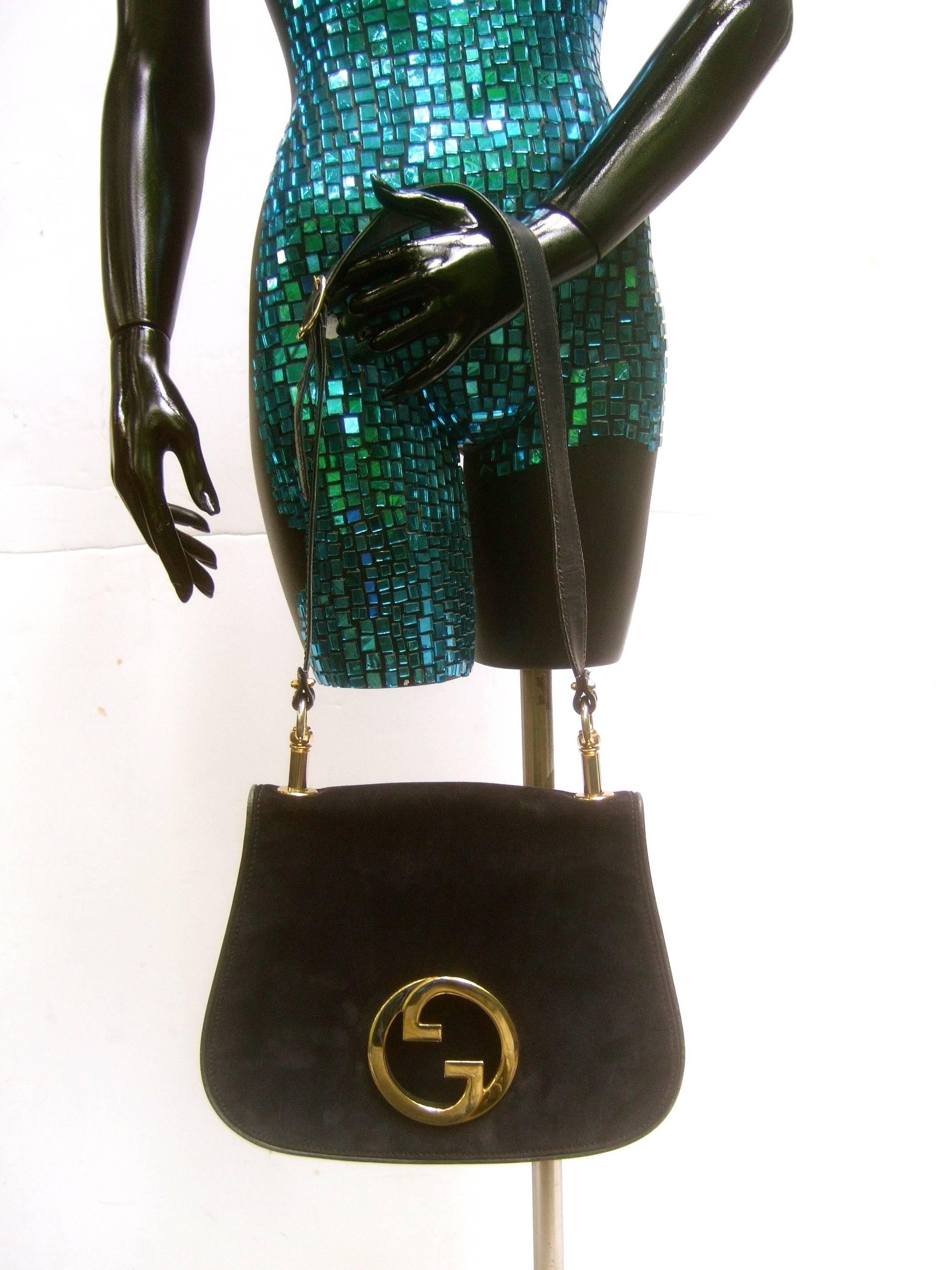 Black Gucci Italy Rare Midnight Blue Doeskin Suede Blondie Shoulder Bag c 1970s