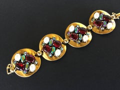 Schiaparelli Ruby Red Super Wide Bracelet with Glass Cabochons. 1950's.