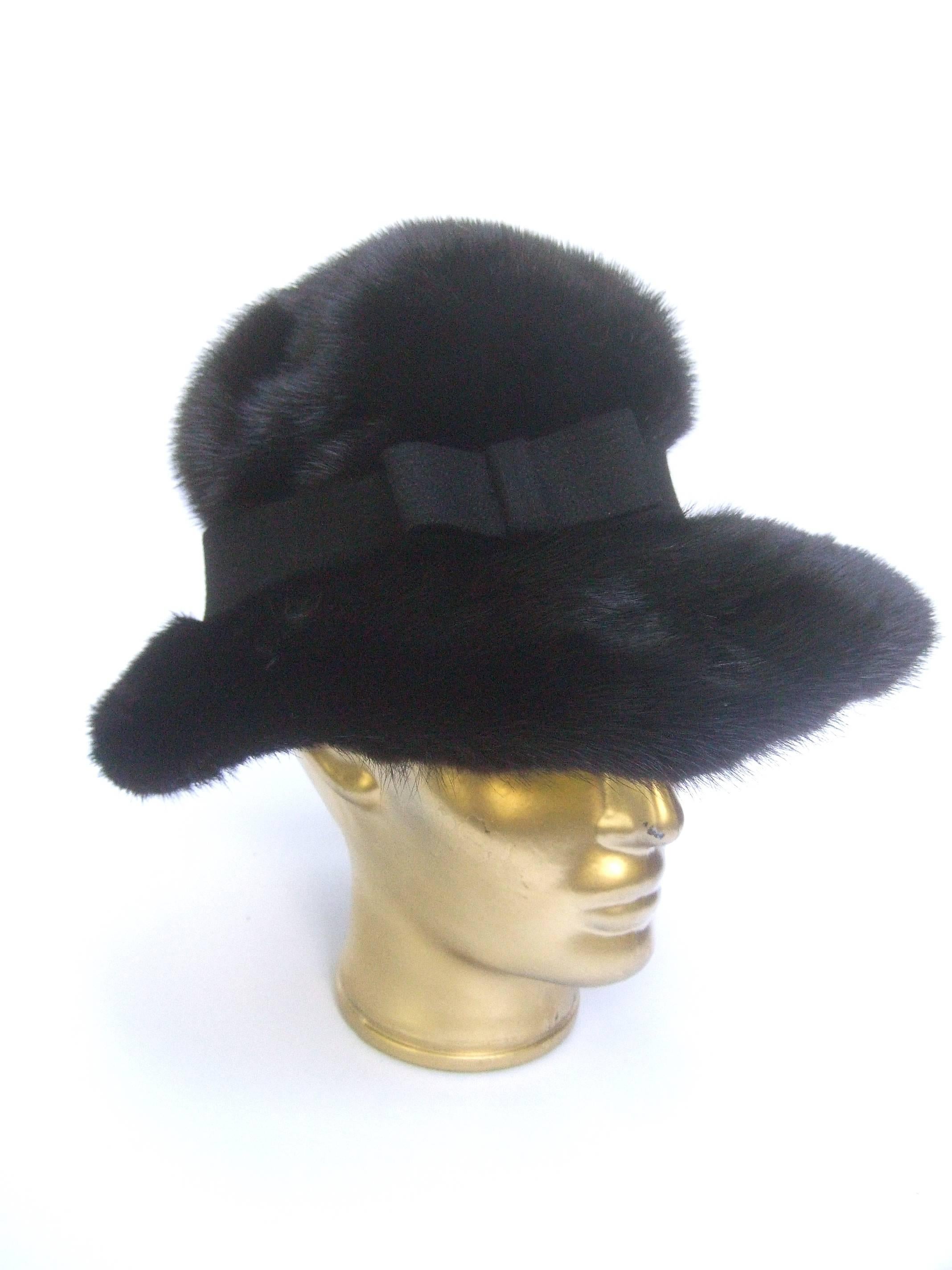 Black Saks Fifth Avenue Plush Mink Fedora Style Hat c 1970